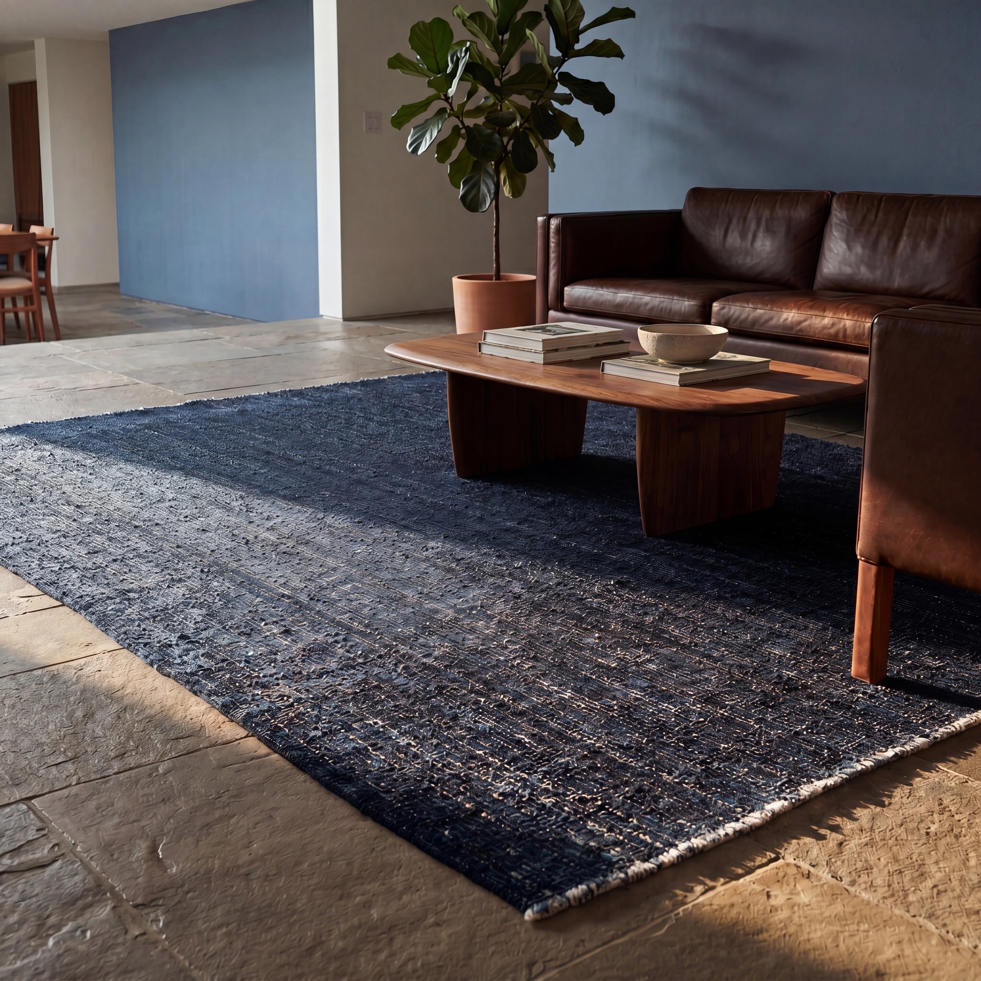 Bohem Serisi Çizgi Desenli Lacivert Yün Tezgah Dokuma Kilim — sade desenli