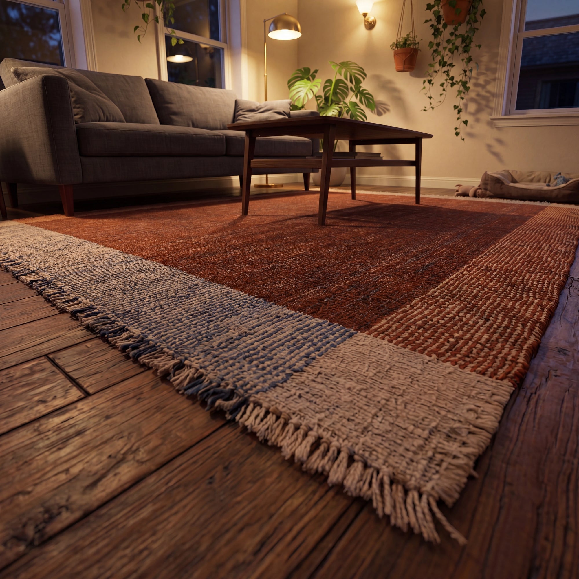 Bohem Serisi Çizgi Desenli Terra Yün Tezgah Dokuma Kilim — salon halısı