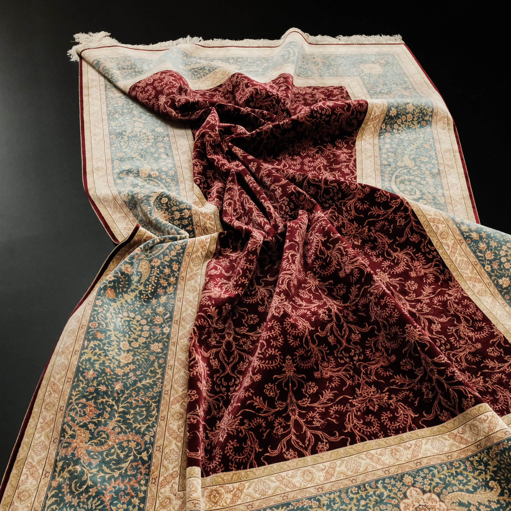 Frame Patterned Hand-Woven Claret Burgundy Classic Silk Carpet
