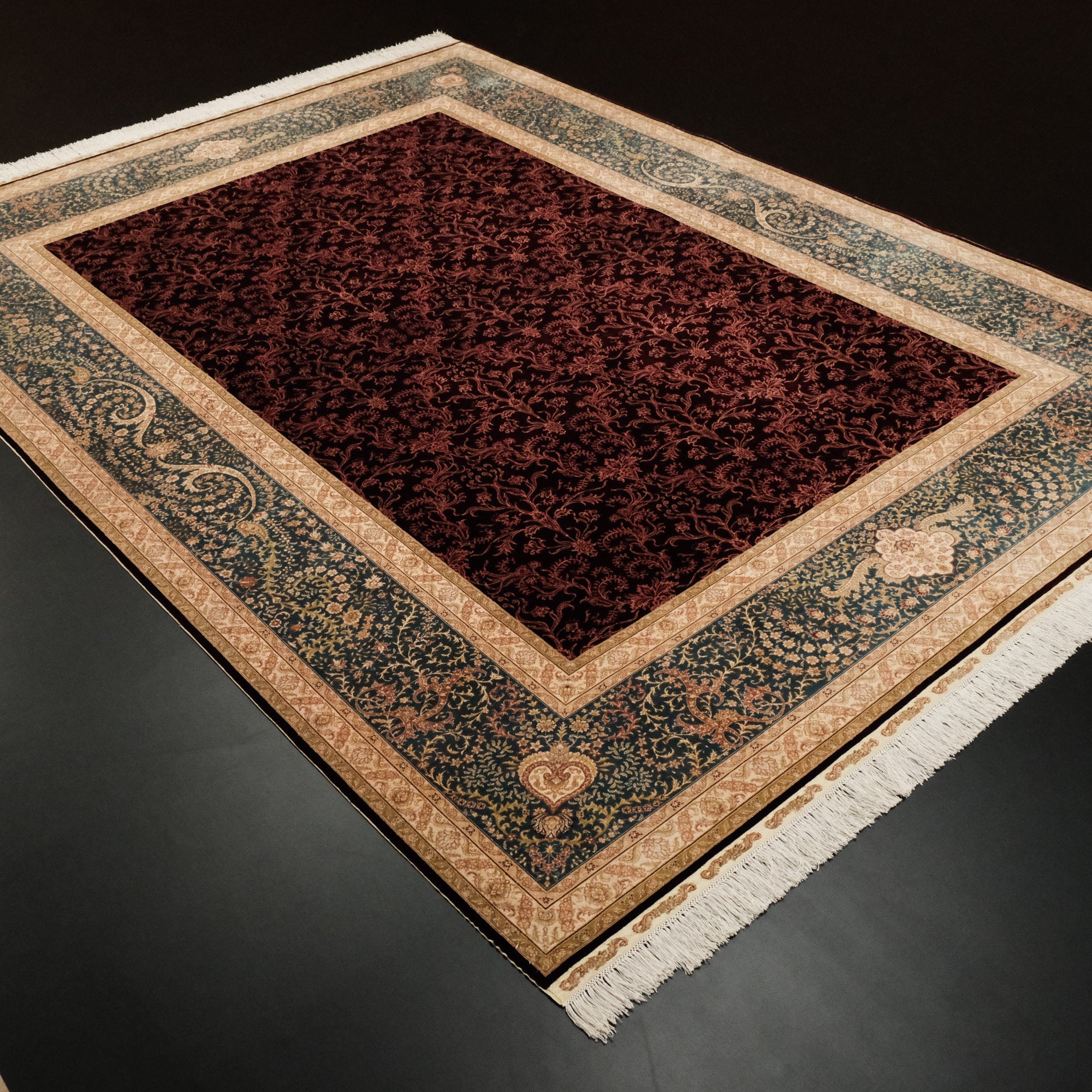 Frame Patterned Hand-Woven Claret Burgundy Classic Silk Carpet