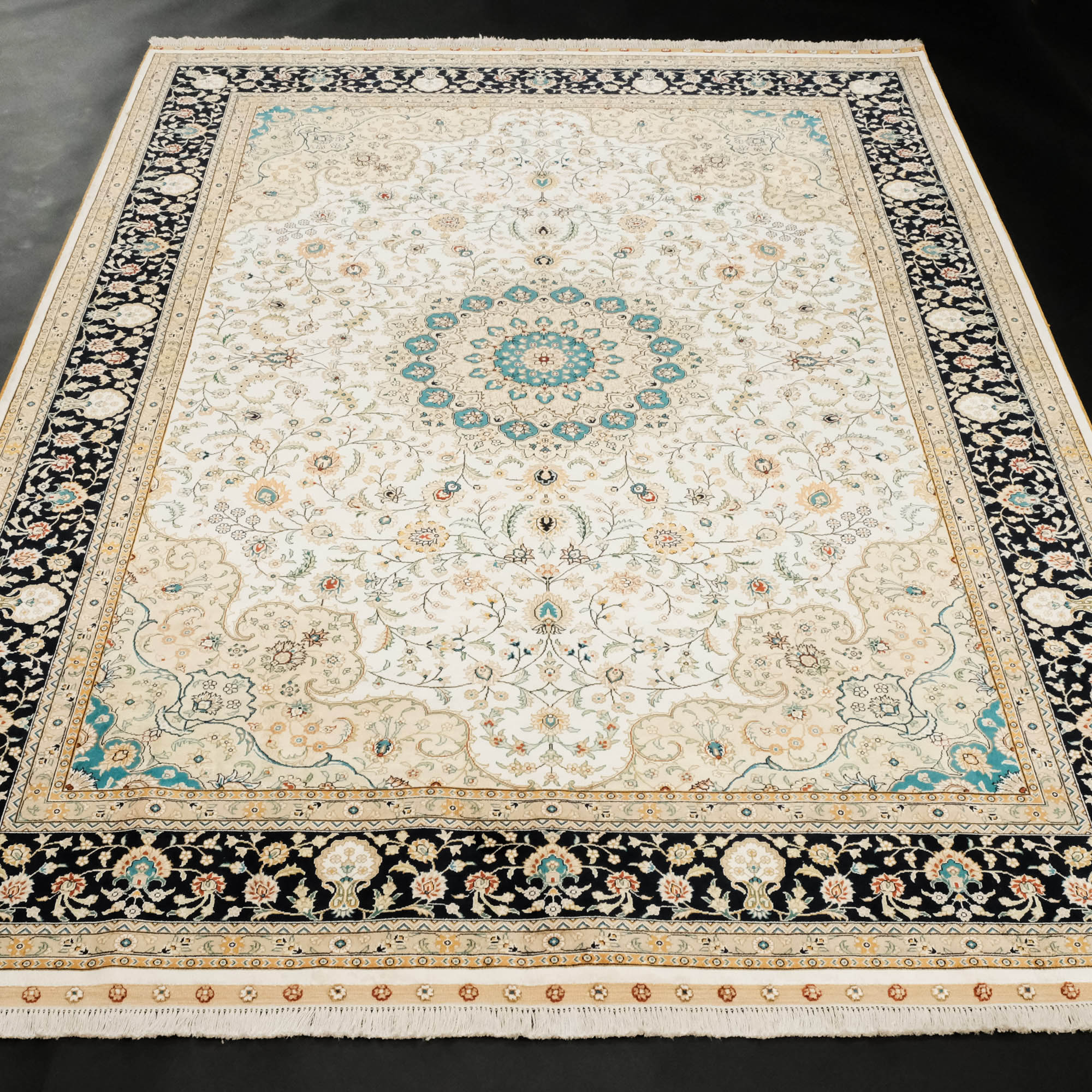 Frame Patterned Hand Woven Cream Cotton Viscose Yarn Carpet