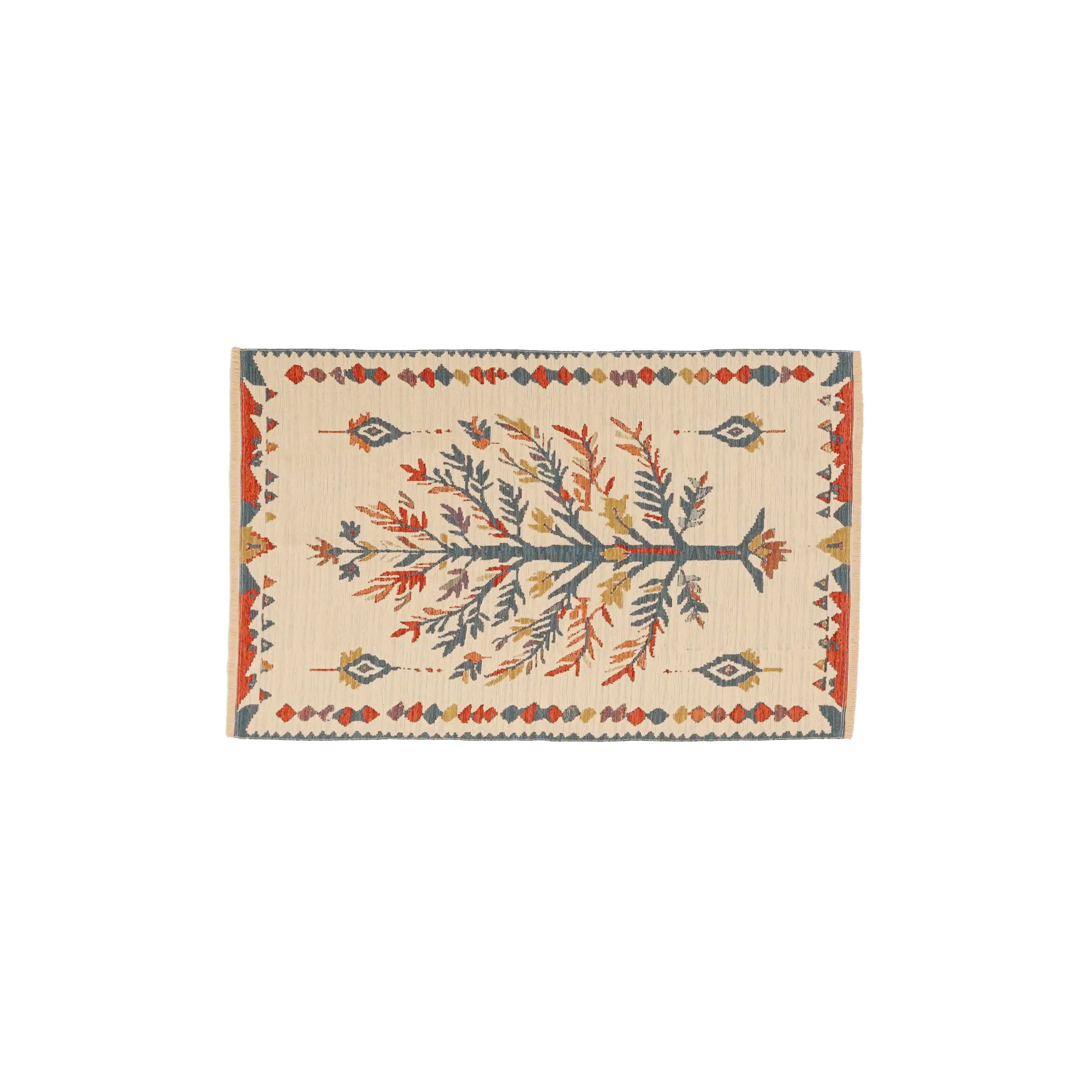 Çiçek Desenli Krem Pamuk Kilim