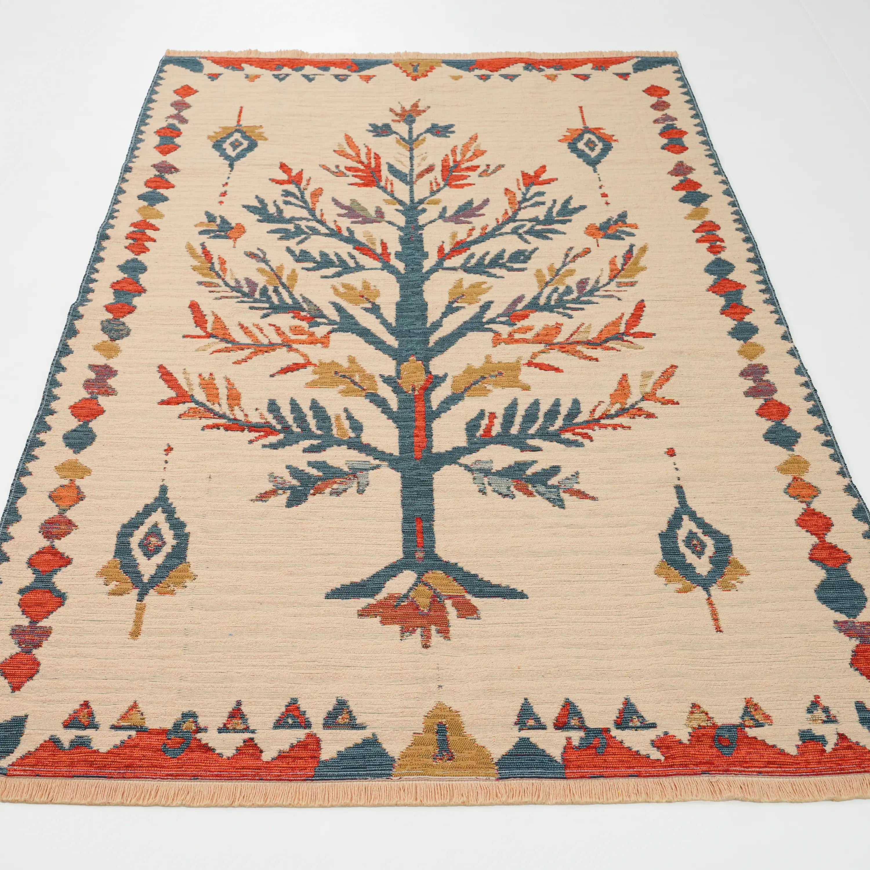 Çiçek Desenli Krem Pamuk Kilim