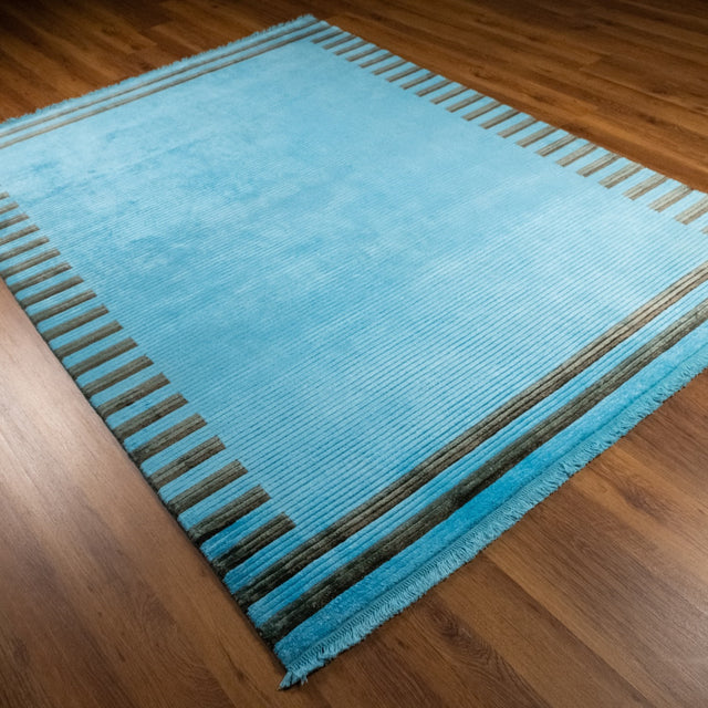 Turquoise Striped Hand-Knotted Wool and Viscose Rug, 172×238 cm Halıcızade