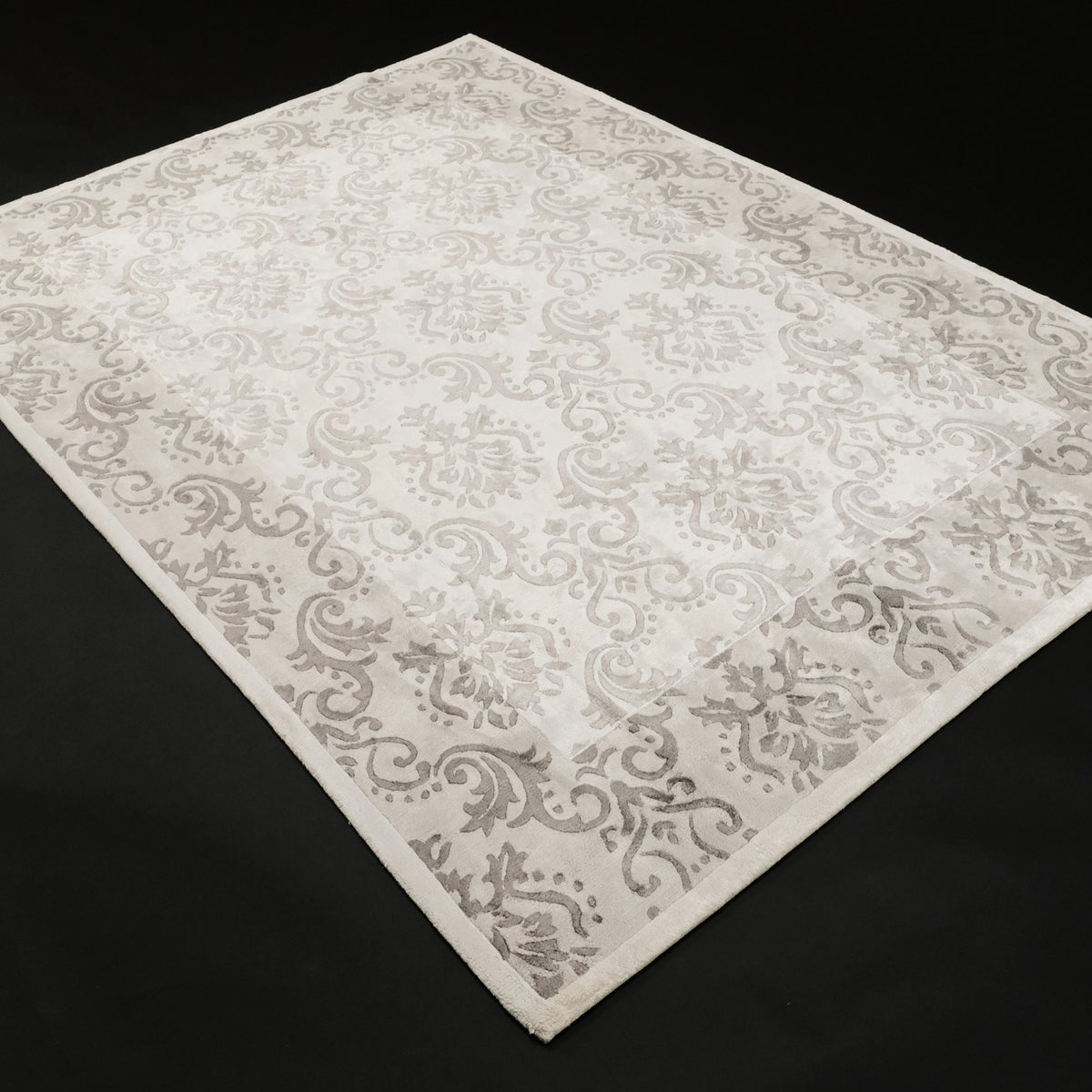 El Dokuma Damask Desenli Beyaz Bambu Halı, 90x150 – 275x370 cm — Halıcızade