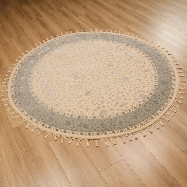 Safir Serisi Uşak Desenli El Dokuma Oymalı Yeşil Yuvarlak Halı, 210x210 cm — Halıcızade