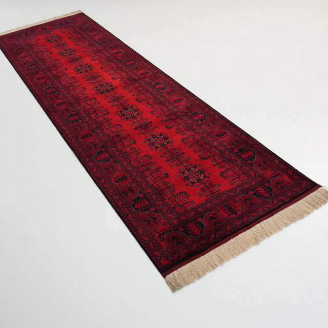 El Dokuma Afgan Desenli Bordo Yün Bilicik Halı, 87x296 cm — Halıcızade