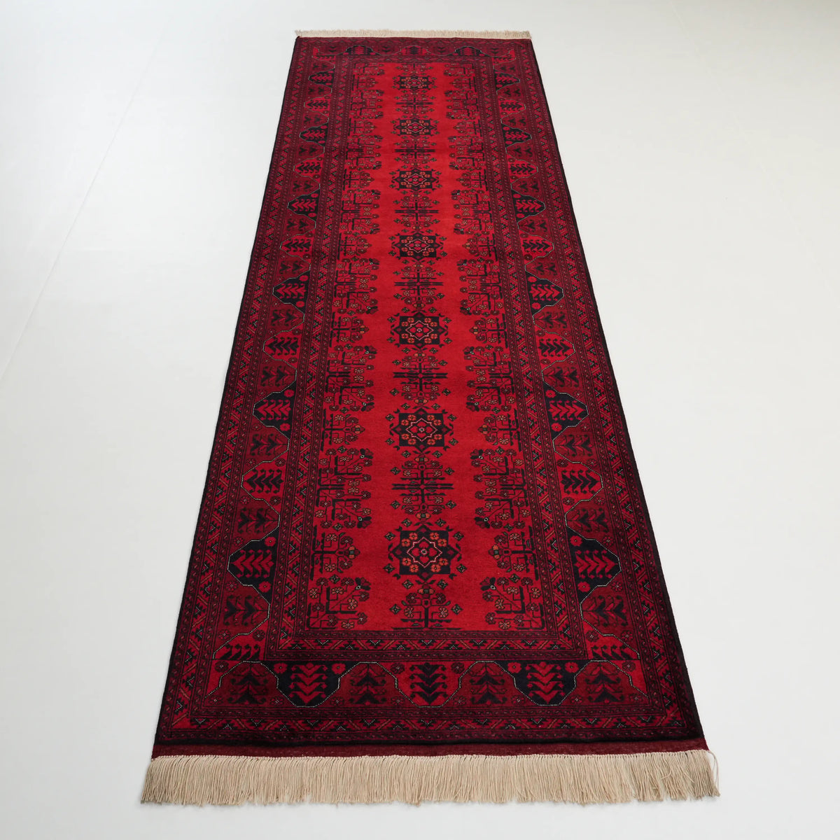 El Dokuma Afgan Desenli Bordo Yün Bilicik Halı — 87x296 cm