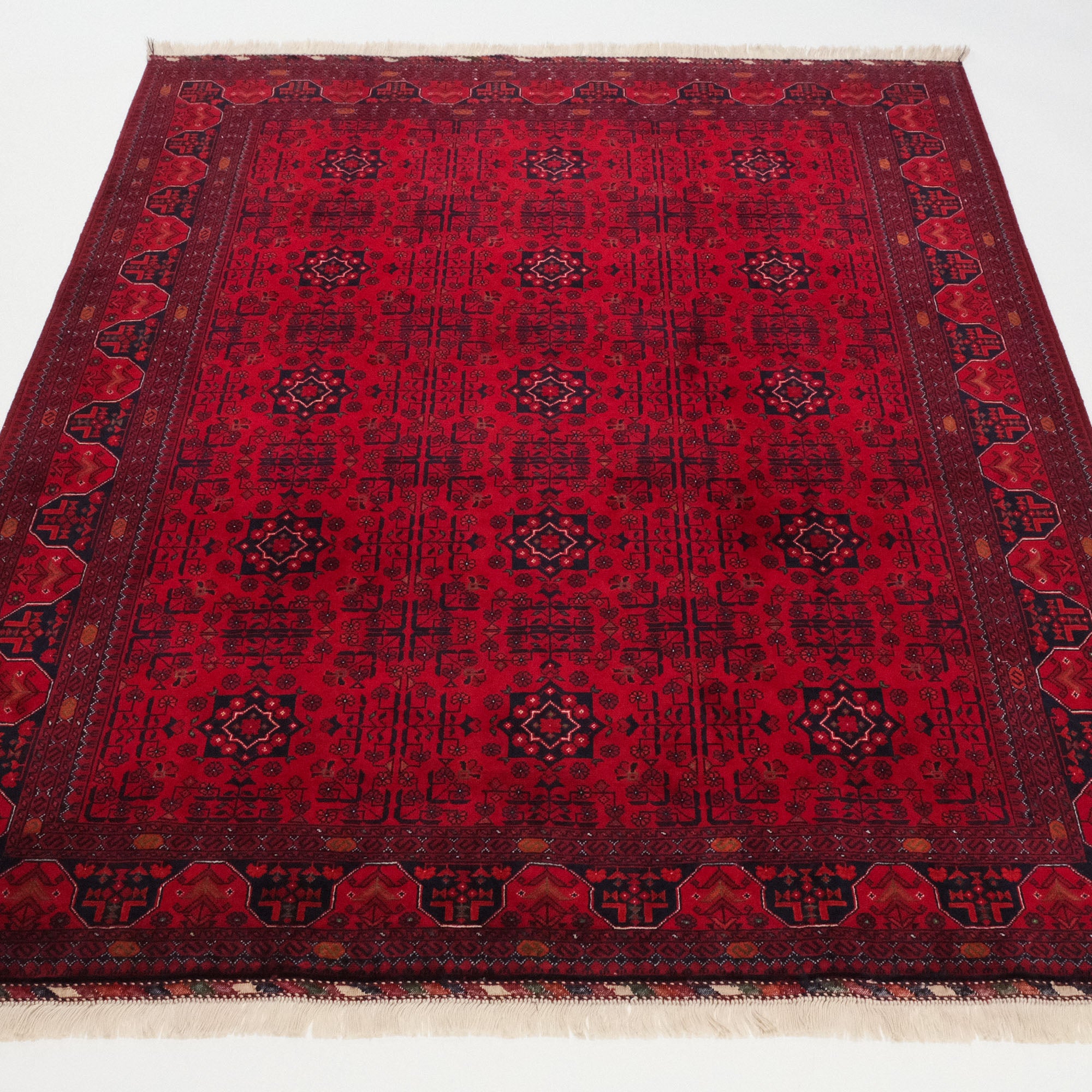Hand-Woven Afghan Patterned Burgundy Red Wool Bilicik Carpet