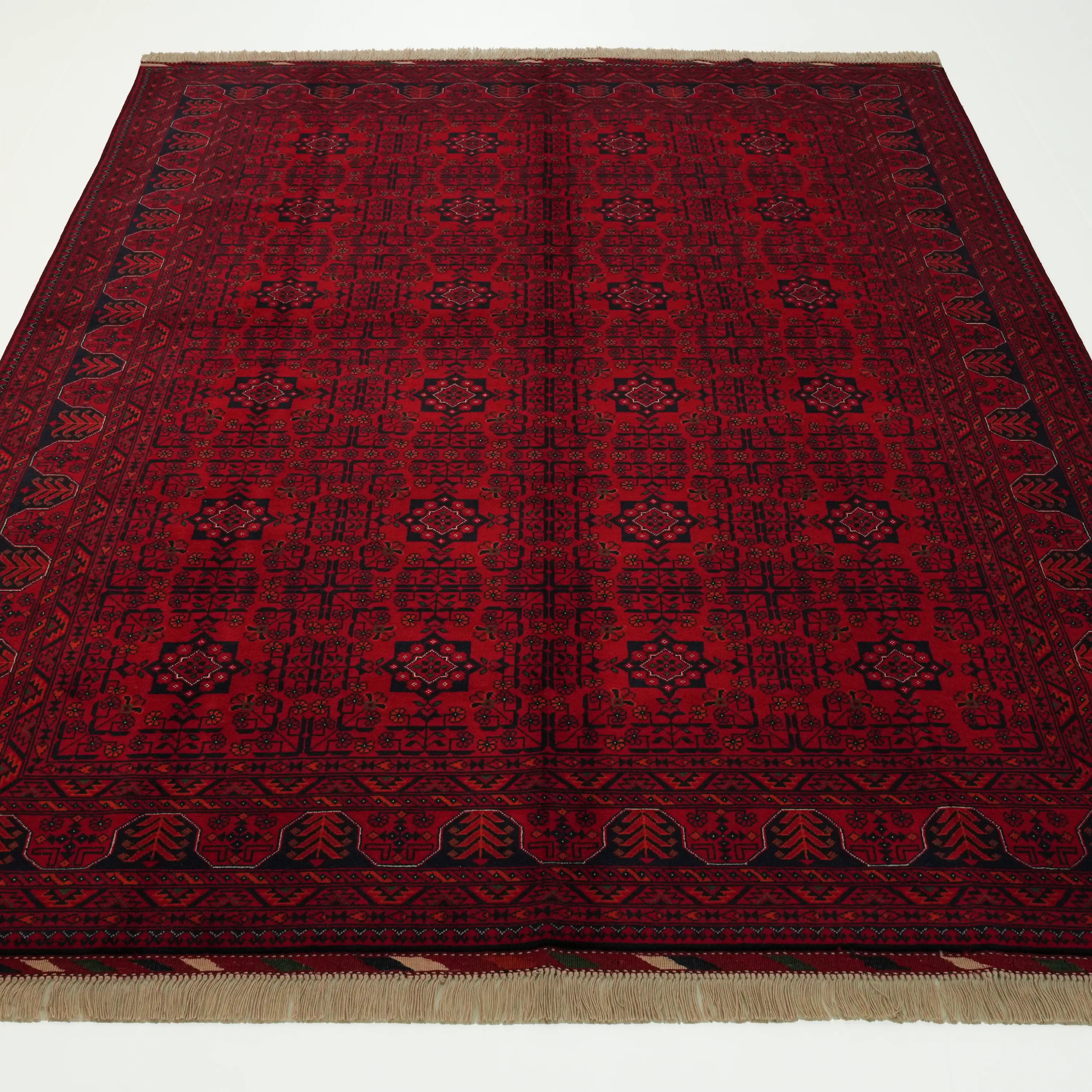 El Dokuma Afgan Desenli Bordo Yün Bilicik Klasik Halı