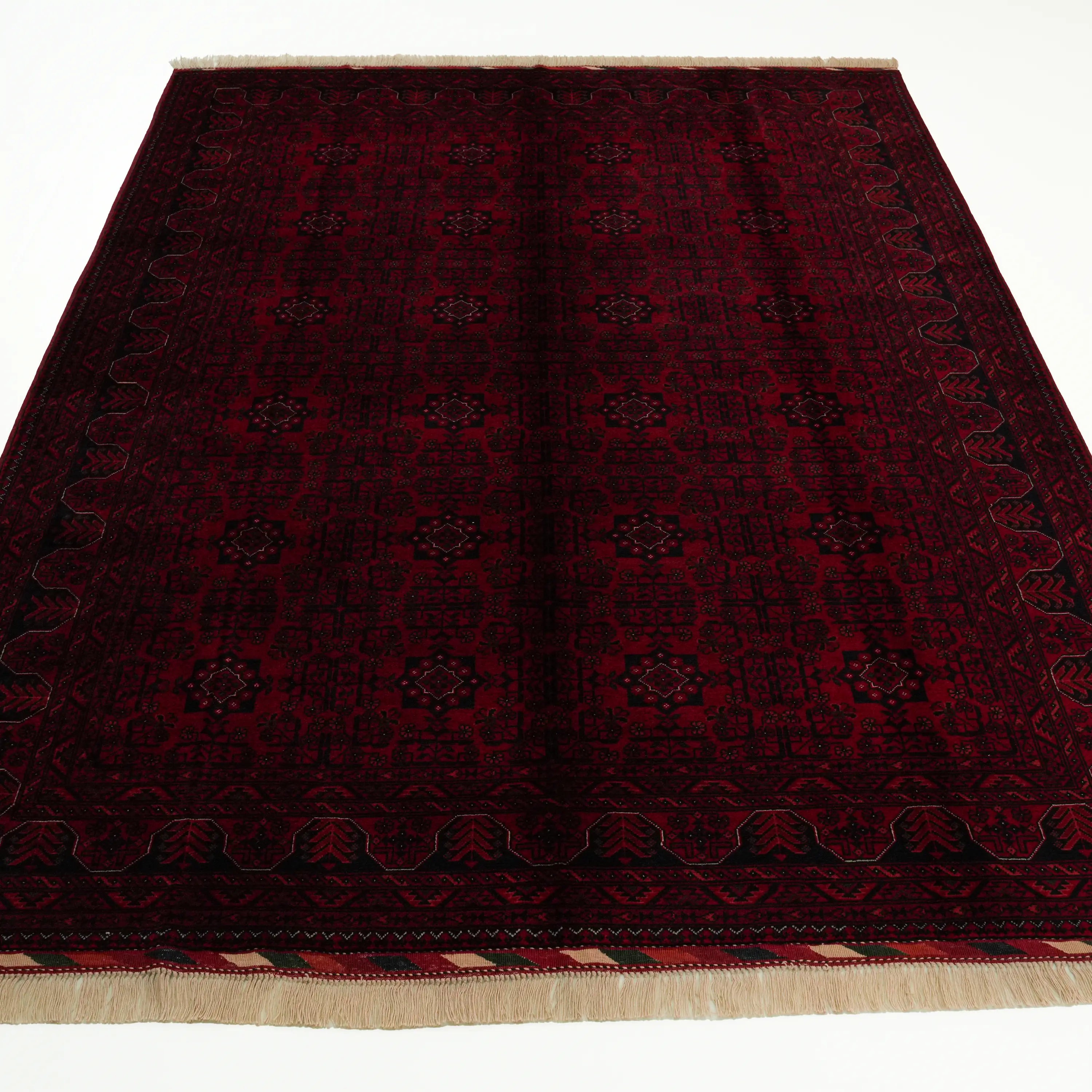 El Dokuma Afgan Desenli Bordo Yün Bilicik Klasik Halı