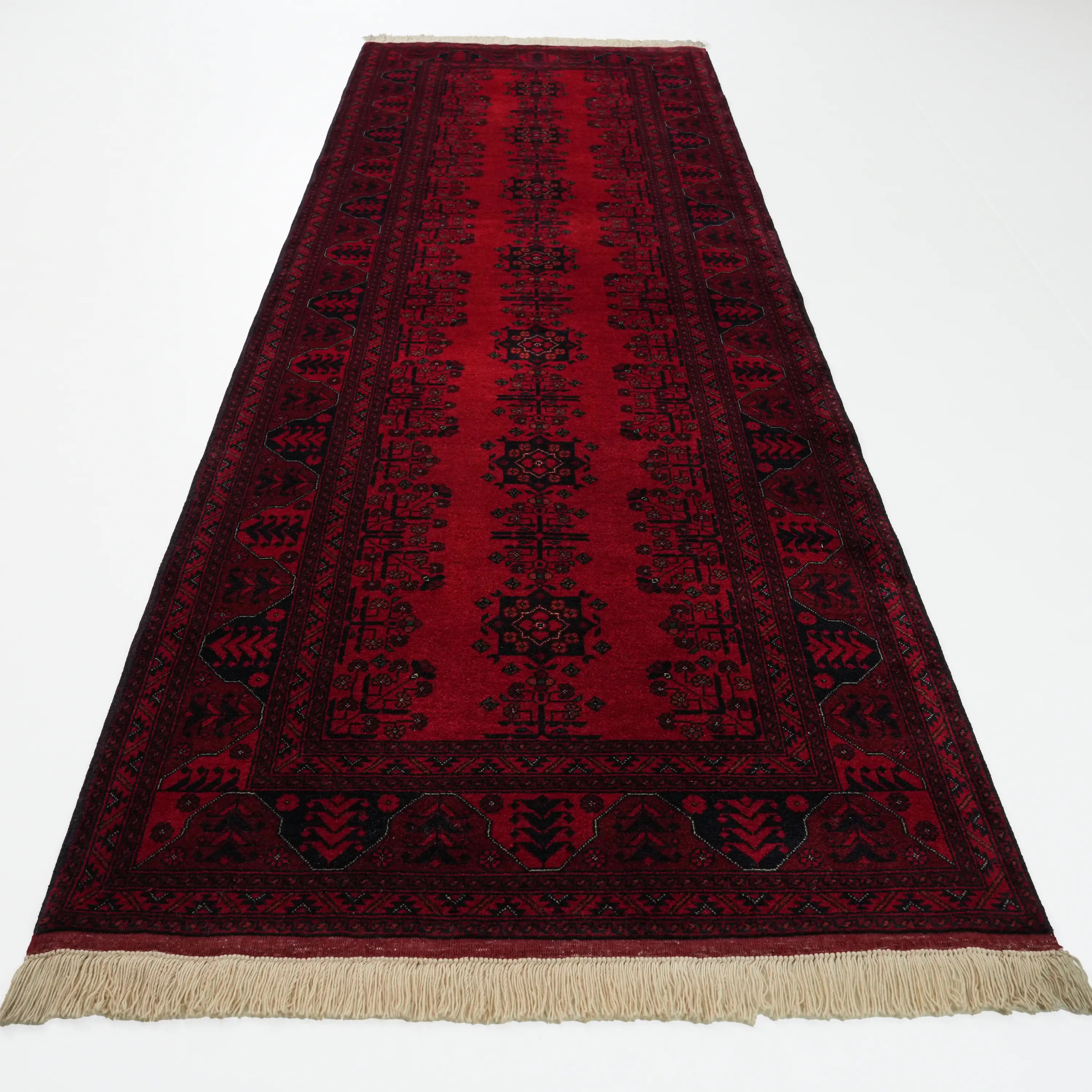 El Dokuma Afgan Desenli Bordo Yün Bilicik Koridor Halısı