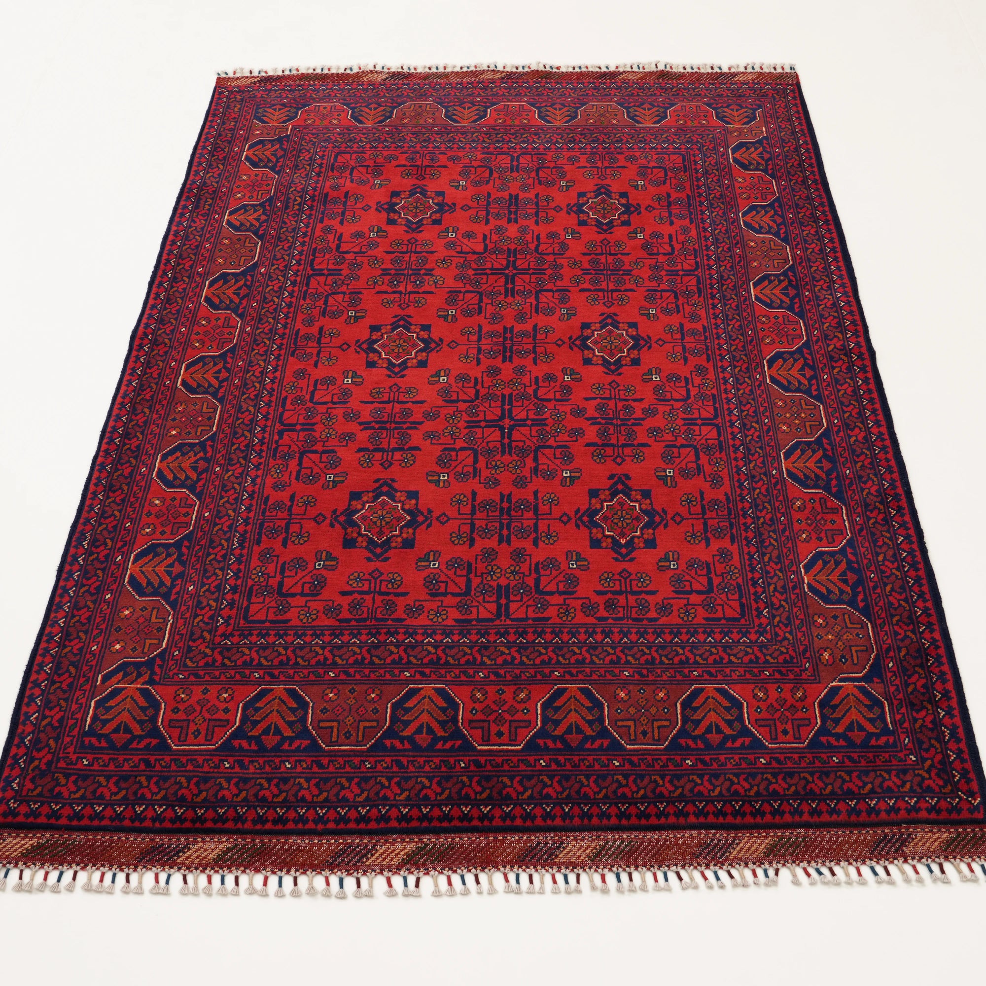 El Dokuma Afgan Desenli Bordo Yün Khamyap Halı — 121x176 cm