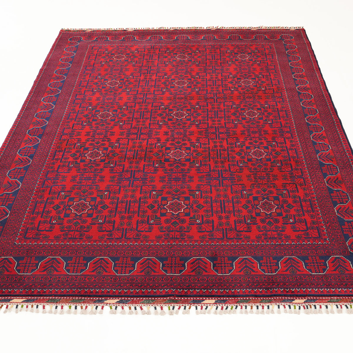 El Dokuma Afgan Desenli Bordo Yün Khamyap Halı — 168x239 cm