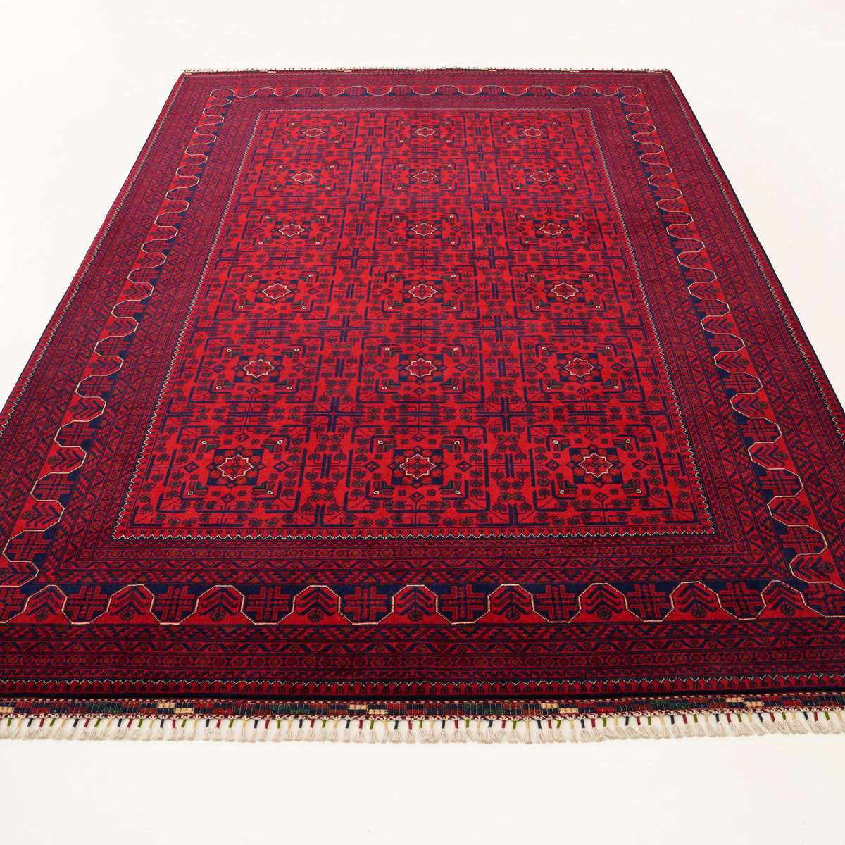 El Dokuma Afgan Desenli Bordo Yün Khamyap Halı — 206x303 cm