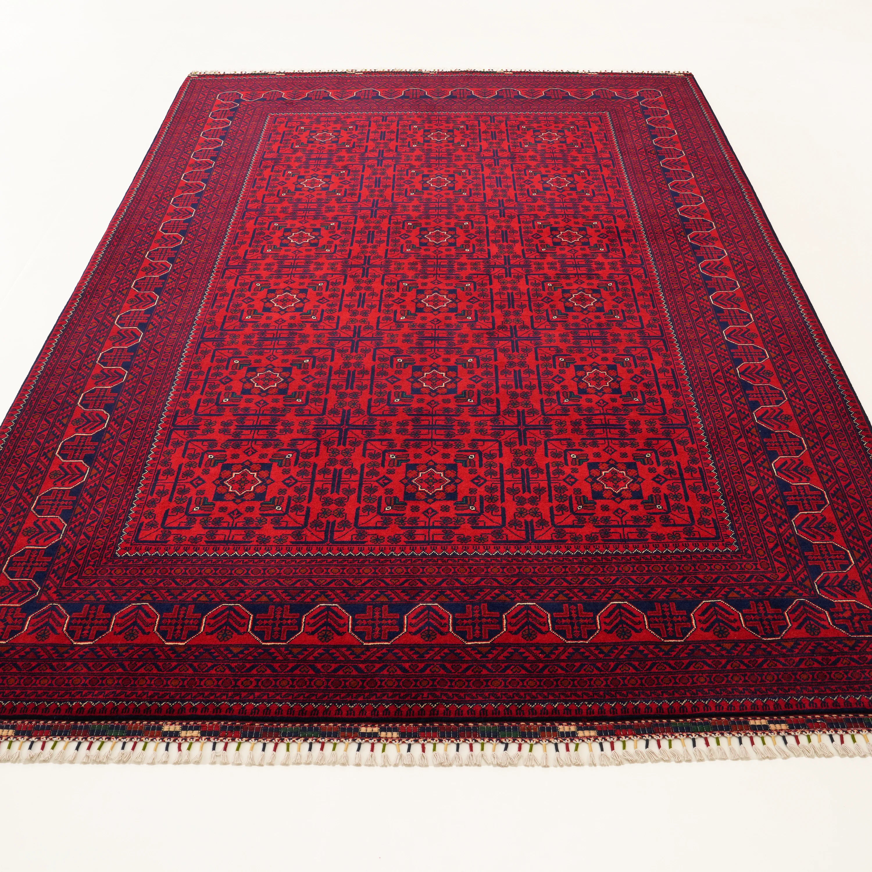 Handwoven Afghan-Patterned Burgundy Wool Khamyap Rug