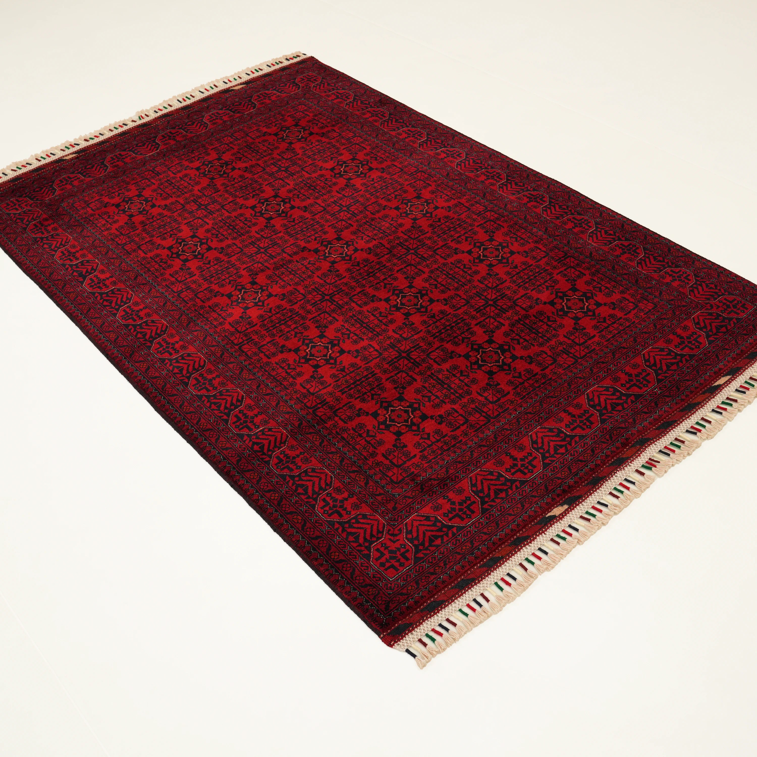 Handwoven Afghan-Patterned Ethnic Burgundy Wool Bilicik Rug