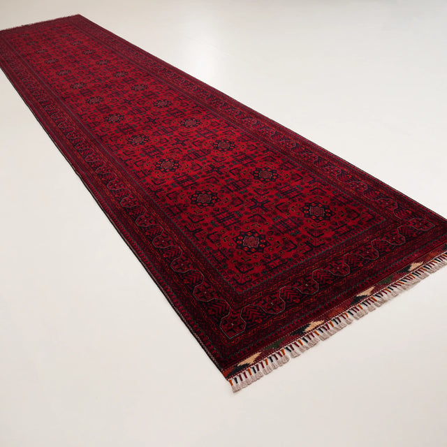 El Dokuma Afgan Desenli Etnik Bordo Yün Bilicik Halı, 108x485 cm — Halıcızade