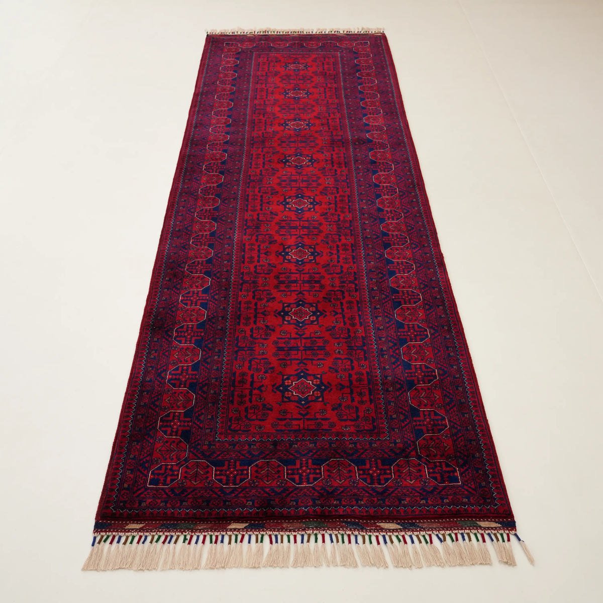 El Dokuma Afgan Desenli Etnik Bordo Yün Bilicik Halı — 86x309 cm