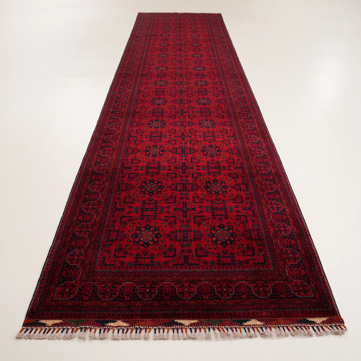 El Dokuma Afgan Desenli Etnik Bordo Yün Bilicik Halı — 108x485 cm