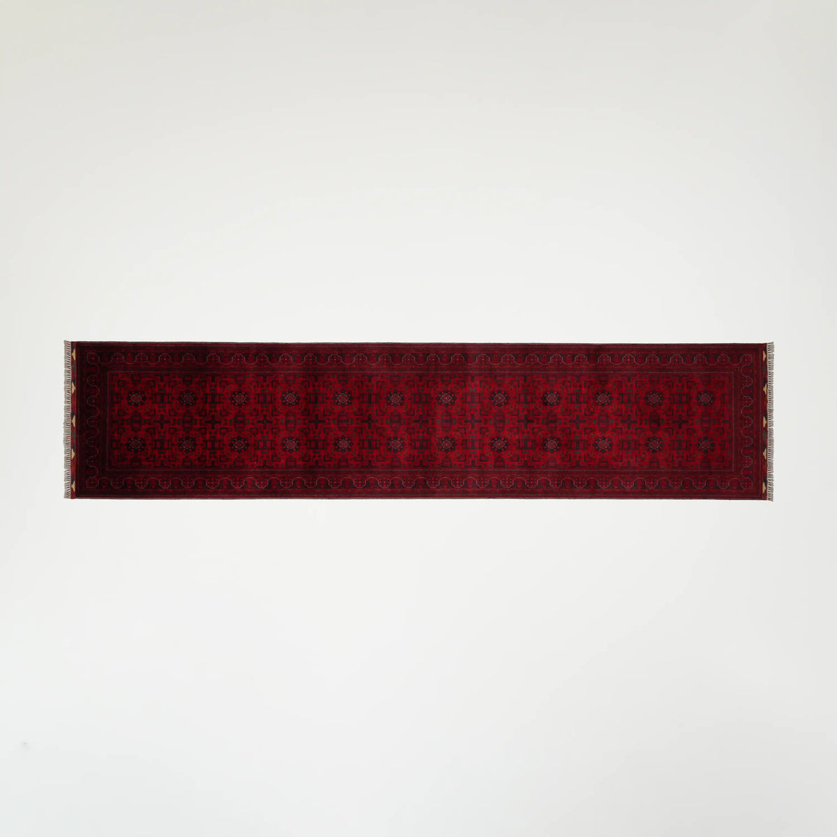 El Dokuma Afgan Desenli Etnik Bordo Yün Bilicik Halı - 108x485 cm