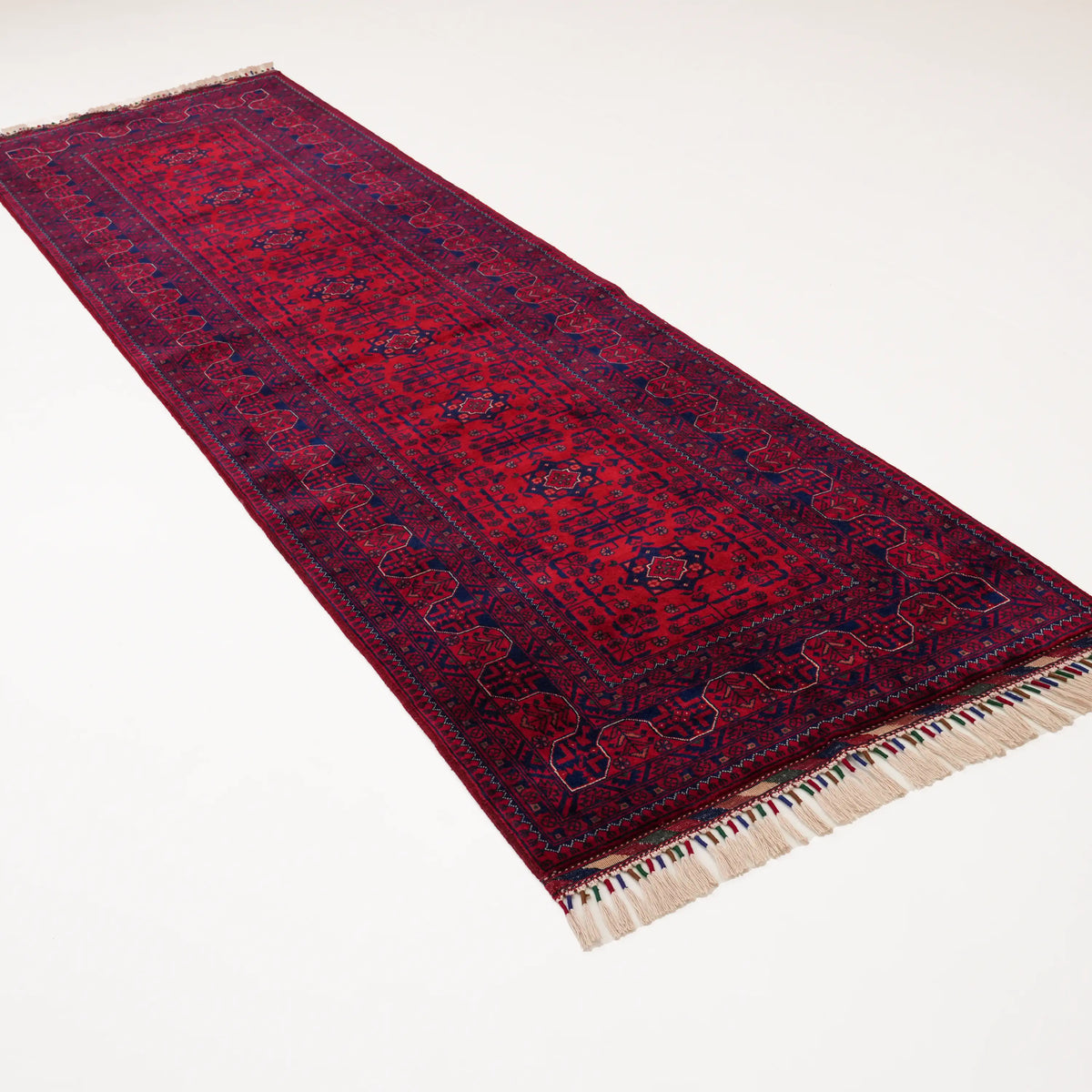 El Dokuma Afgan Desenli Etnik Yün Bordo Bilicik Halı, 86x302 cm — Halıcızade