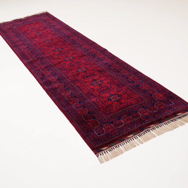 El Dokuma Afgan Desenli Etnik Yün Bordo Bilicik Halı, 86x302 cm — Halıcızade