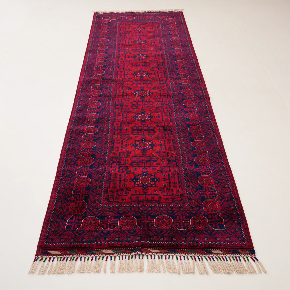 El Dokuma Afgan Desenli Etnik Yün Bordo Bilicik Halı — 86x302 cm