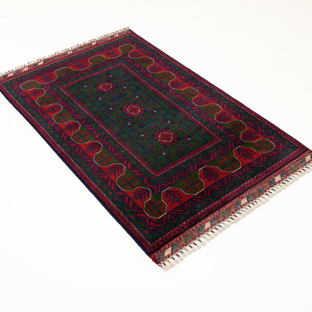 El Dokuma Afgan Desenli Yeşil Yün Khamyap Halı, 99×147 cm Translation missing: tr.hz.card.alt_brand