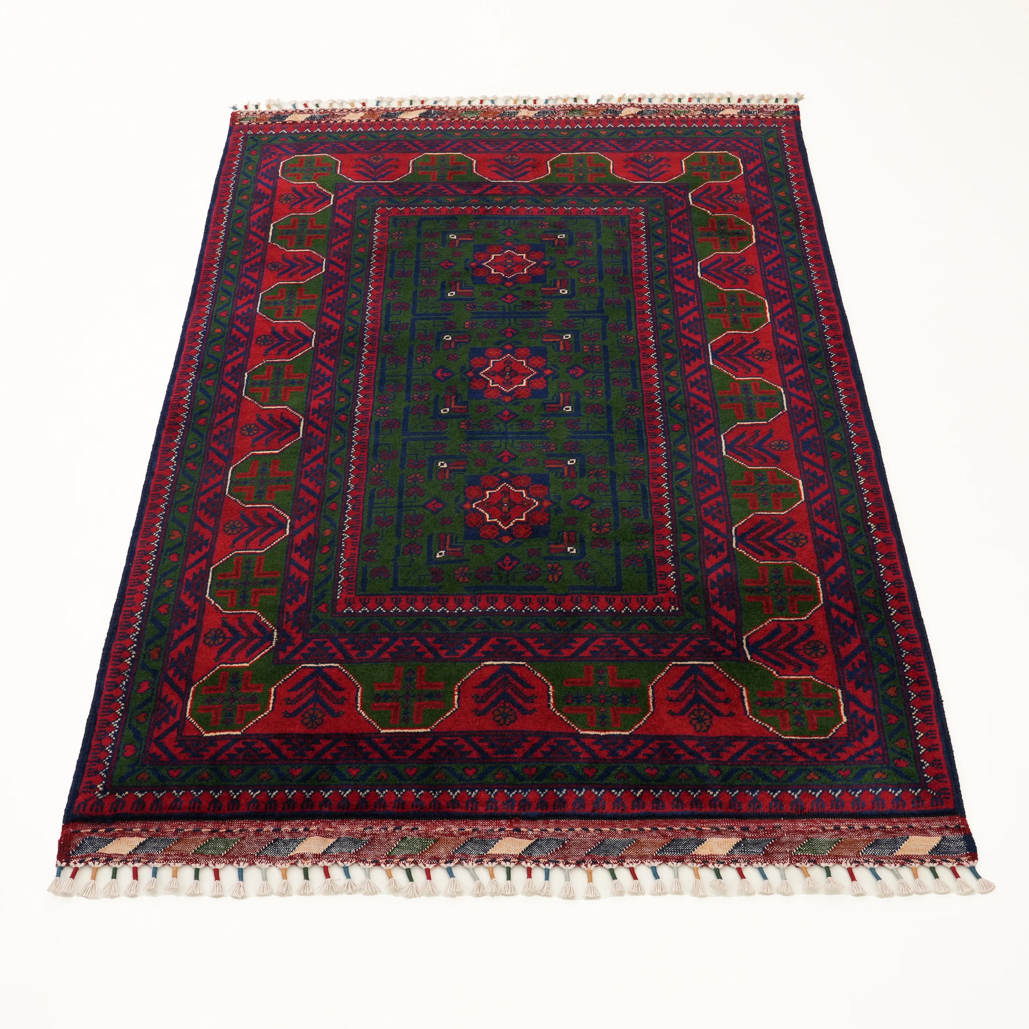 El Dokuma Afgan Desenli Yeşil Yün Khamyap Halı — 99x147 cm