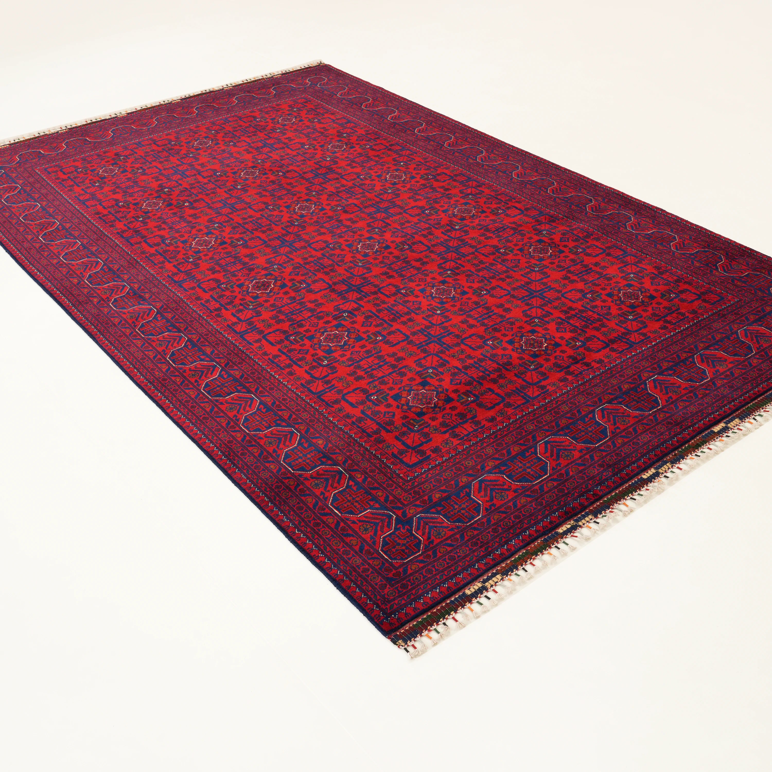 Handwoven Afghan-Patterned Wool Burgundy Khamyap Rug