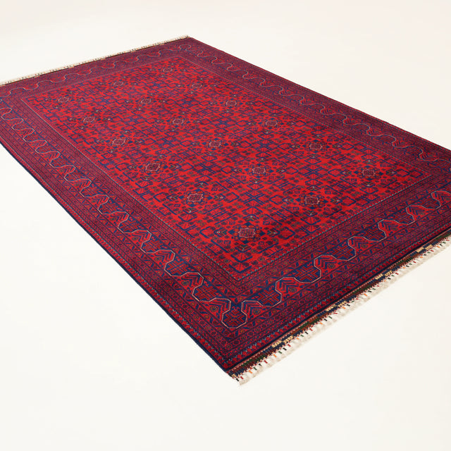 El Dokuma Afgan Desenli Yün Bordo Khamyap Halı, 194x297 cm — Halıcızade