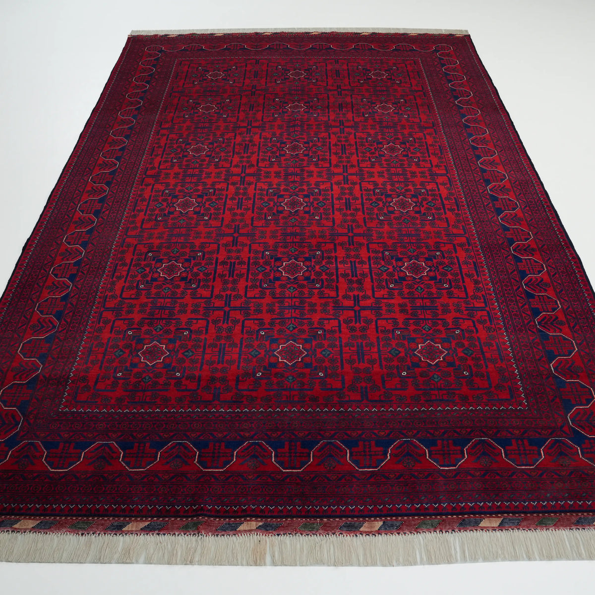 Burgundy Afghan-Pattern Hand-Knotted Wool Rug, Khamyap Series — 195x298 cm