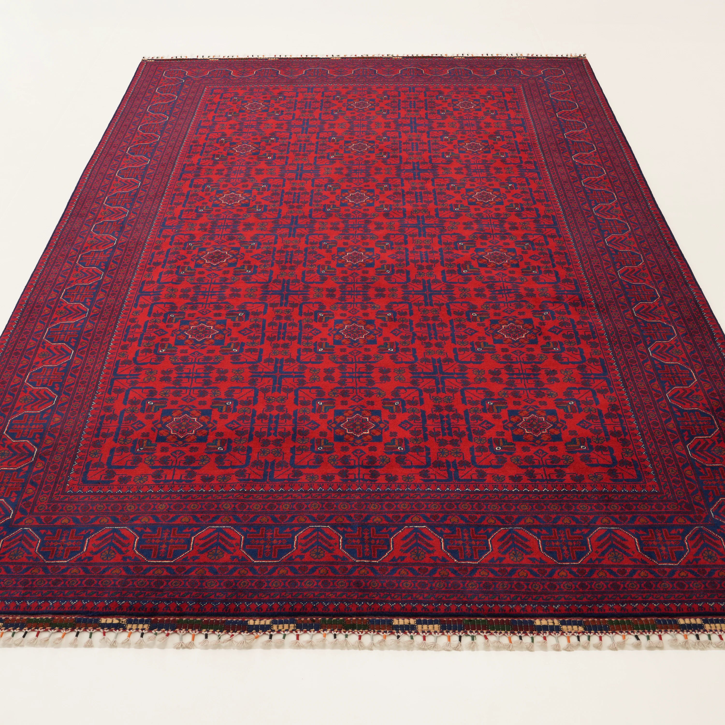 Handwoven Afghan-Patterned Wool Burgundy Khamyap Rug