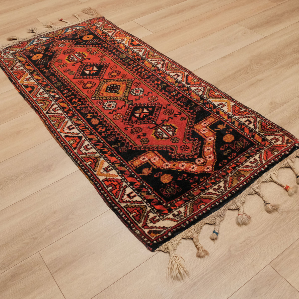 El Dokuma Anadolu Desenli Antep Kök Boya Sertifikalı 80 Yıllık Turuncu Yün Halı, 78x165 cm — Halıcızade