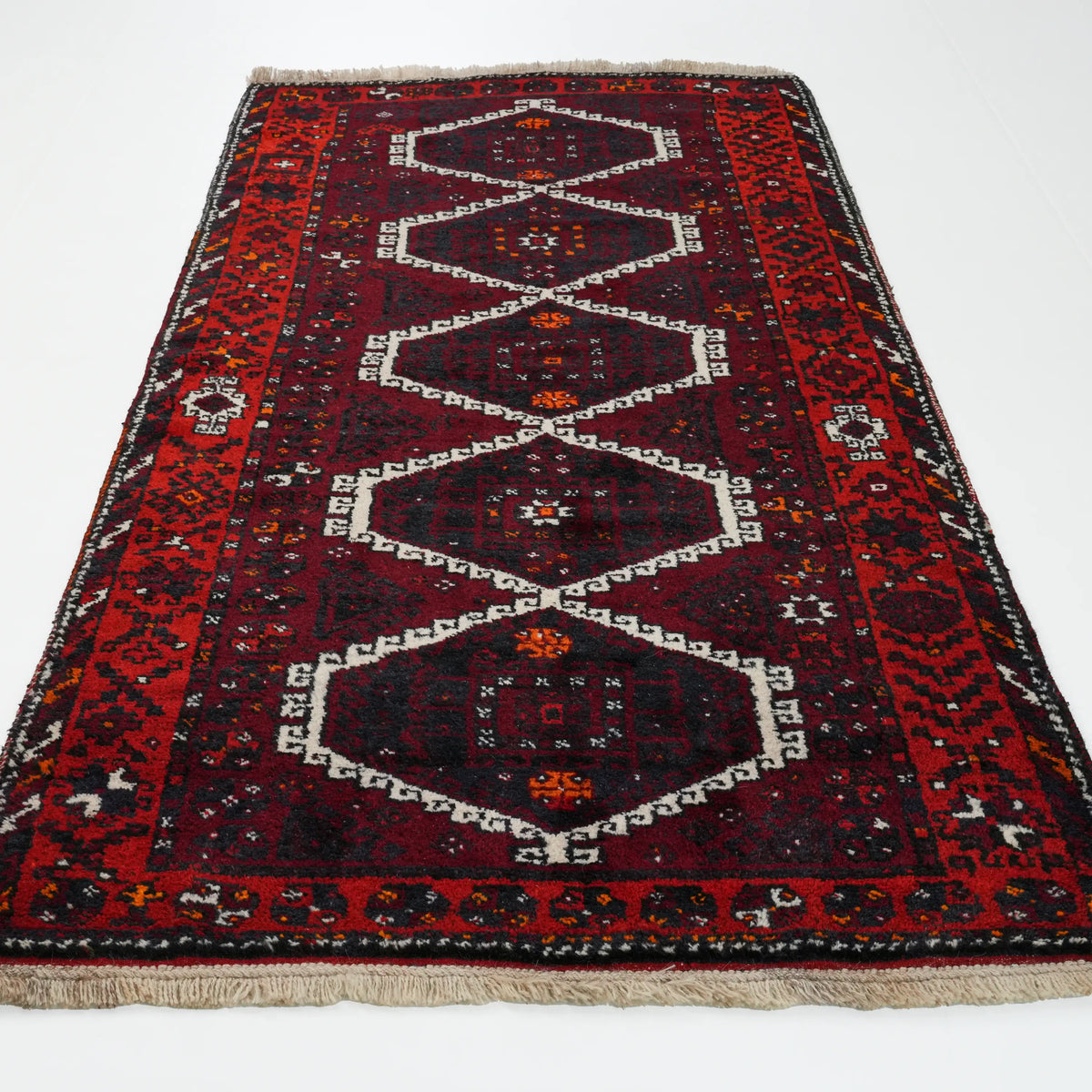 El Dokuma Anadolu Desenli Bordo 80+ Yaş Kök Boya Kirmen Halı — 126x243 cm