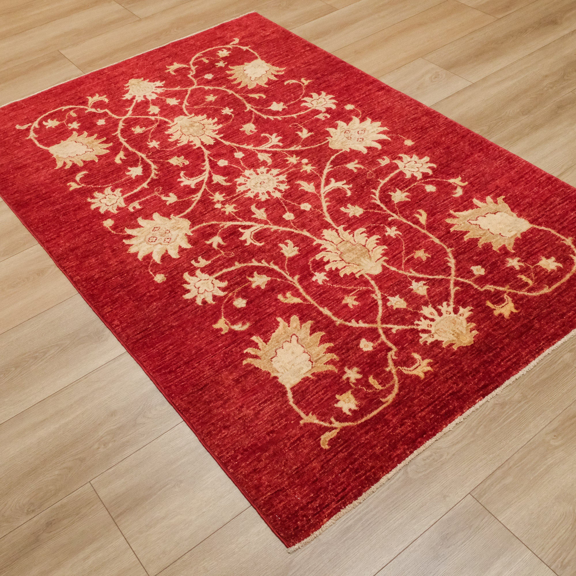 Hand Woven Anatolian Patterned Red Wool Cotton Carpet