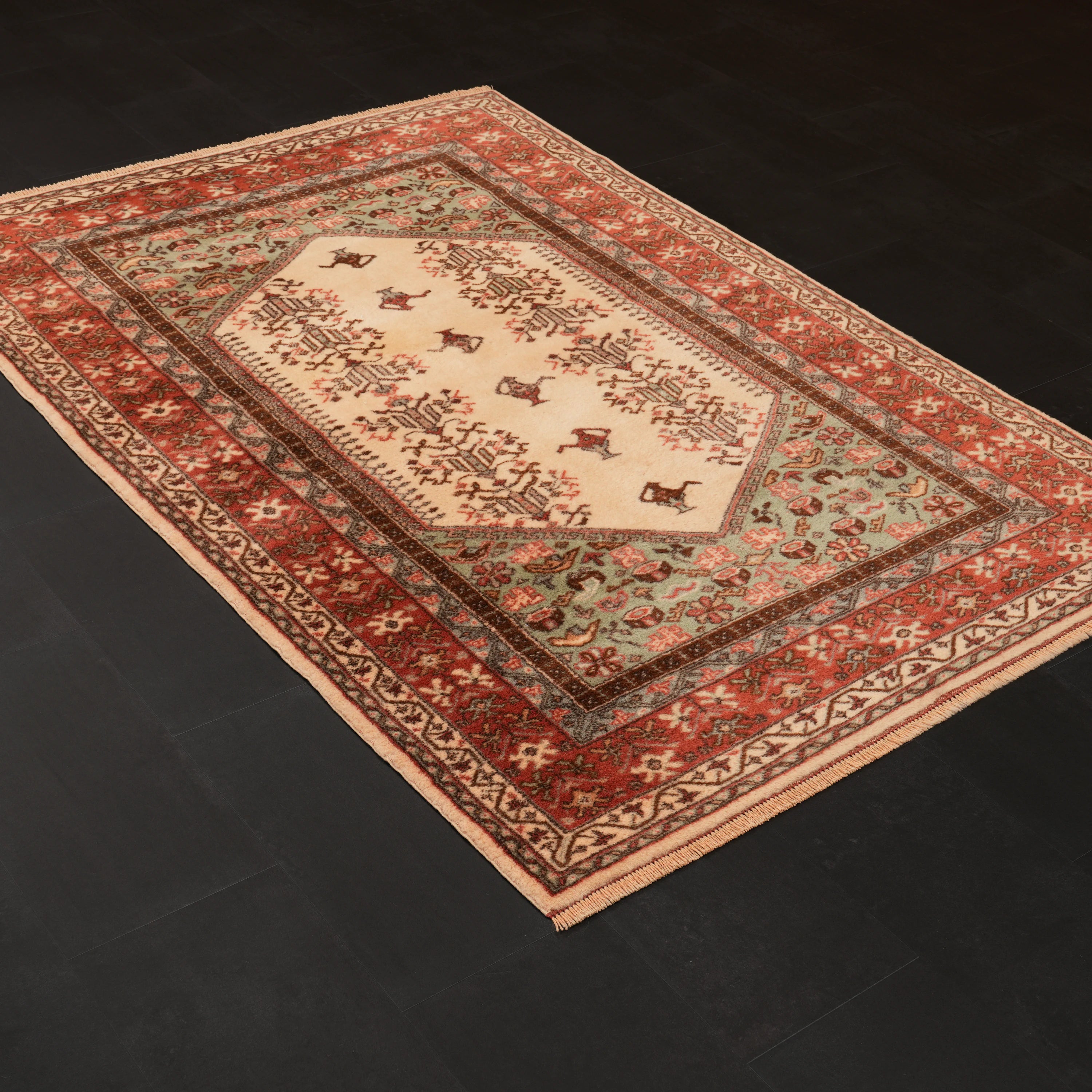 Handwoven Anatolian Patterned Cream Wool Kula Rug