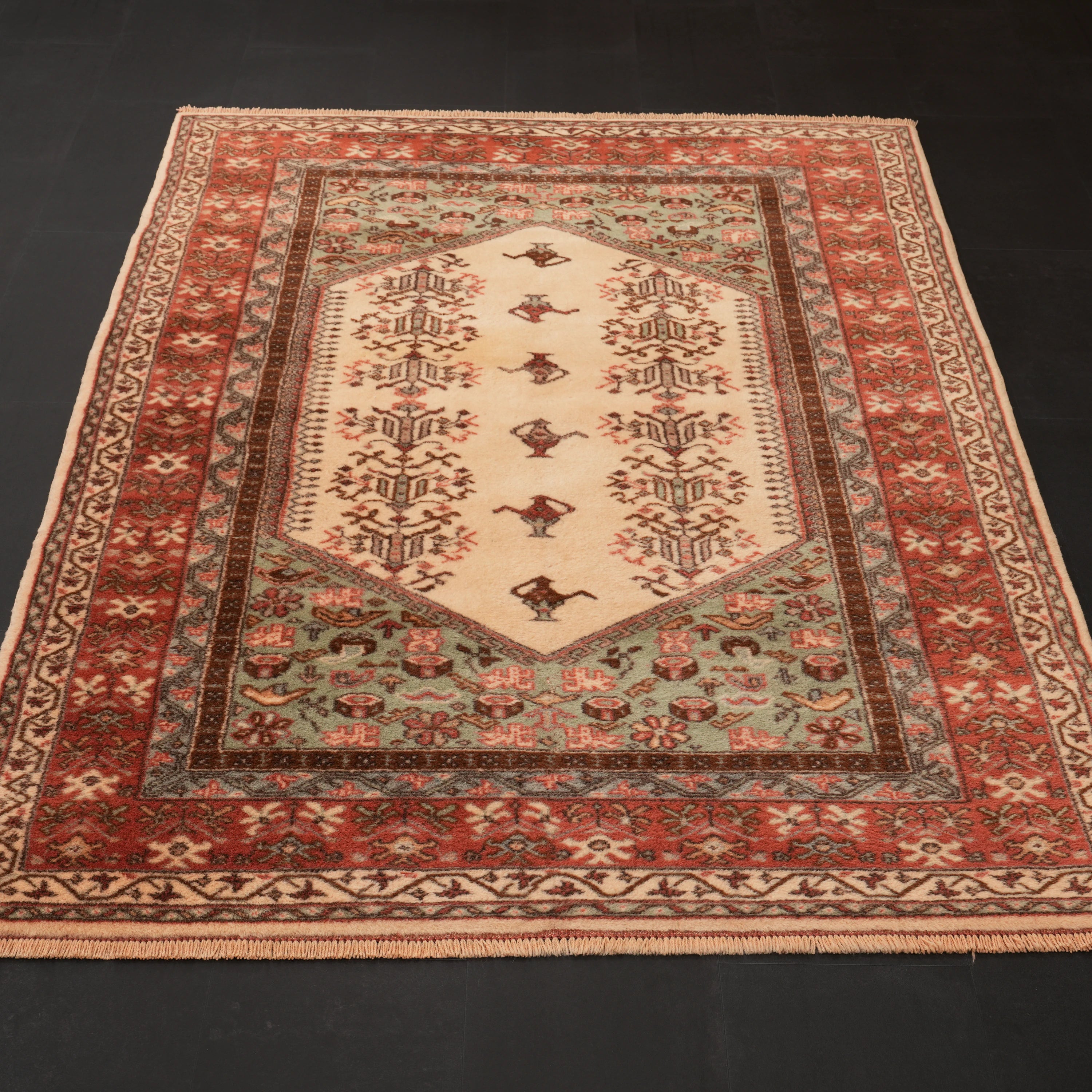 Handwoven Anatolian Patterned Cream Wool Kula Rug