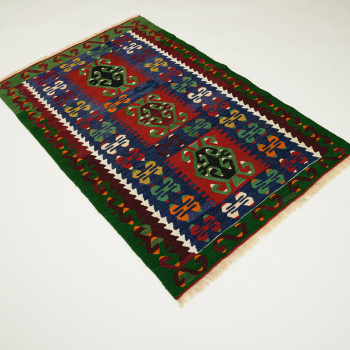 Anadolu desenli el dokuma yün Eşme köy kilimi, rengarenk, 84x133 cm — Halıcızade