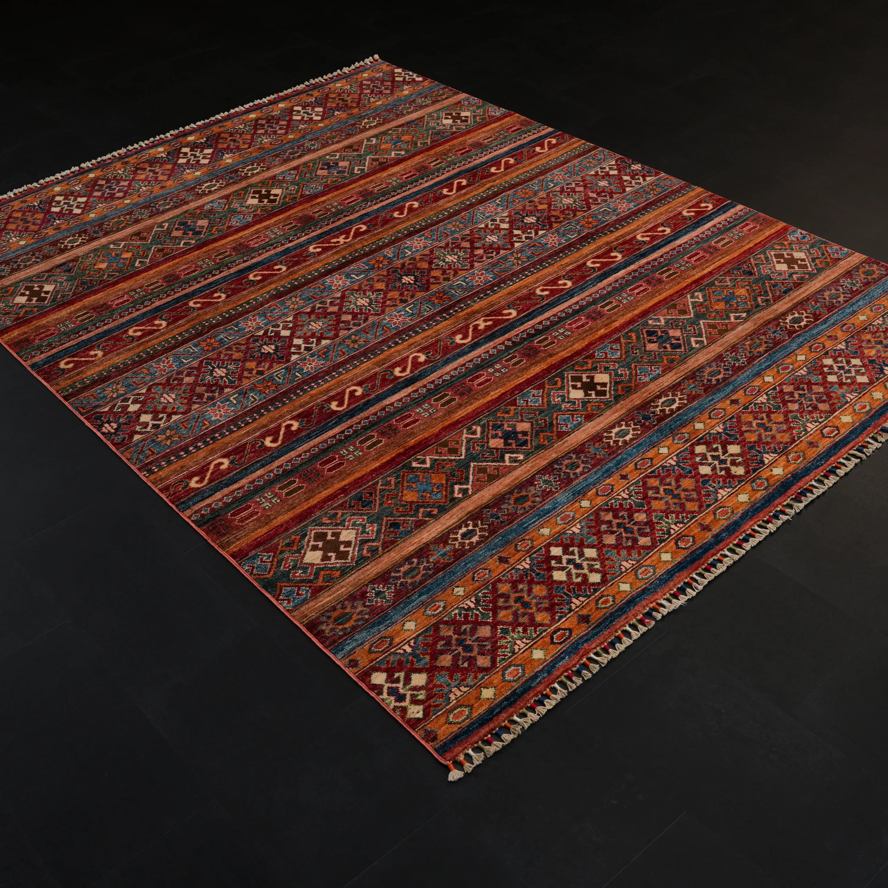 Handwoven Anatolian Patterned Colorful Wool Rug