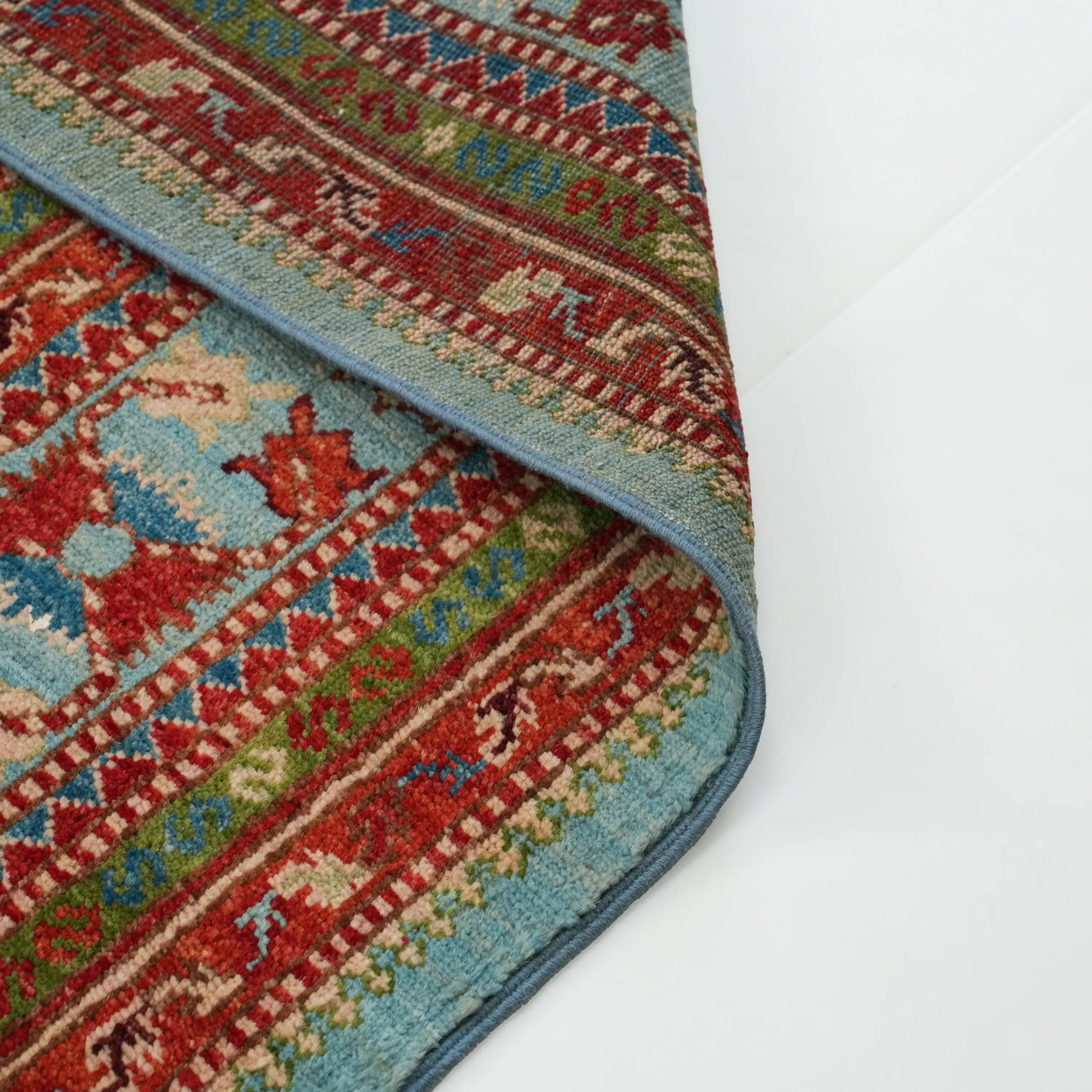 Handwoven Anatolian Patterned Turquoise Wool Rug