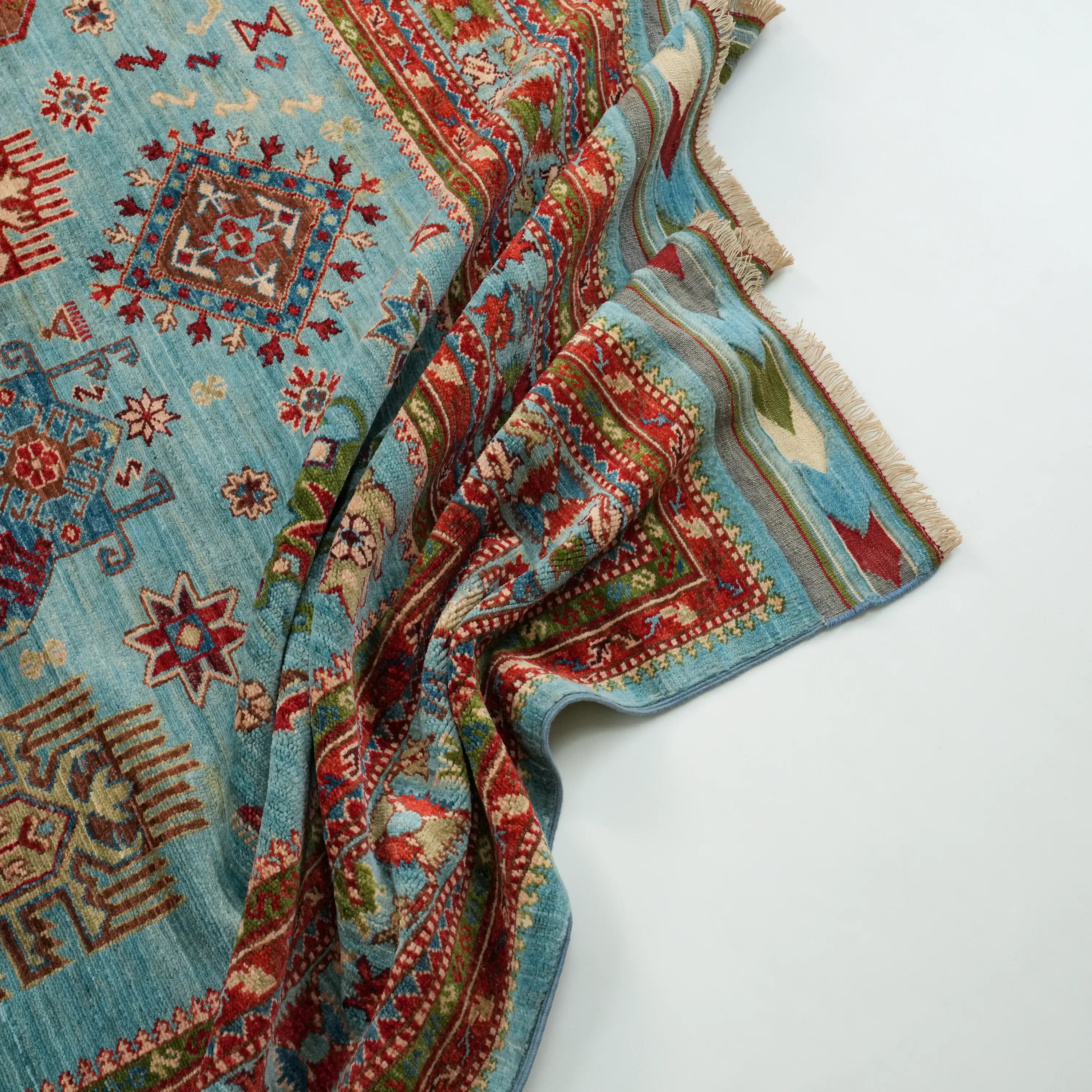 Handwoven Anatolian Patterned Turquoise Wool Rug