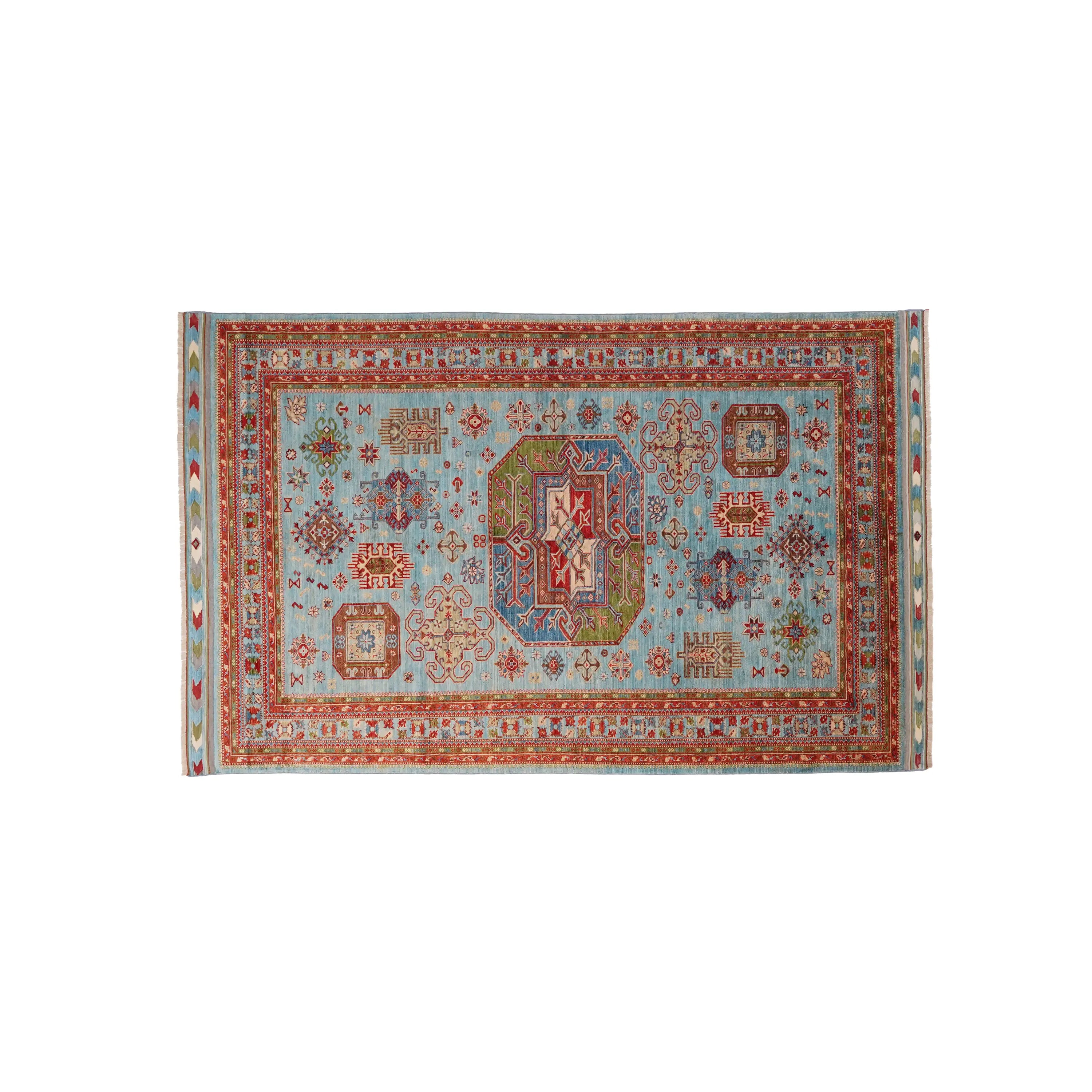 Handwoven Anatolian Patterned Turquoise Wool Rug