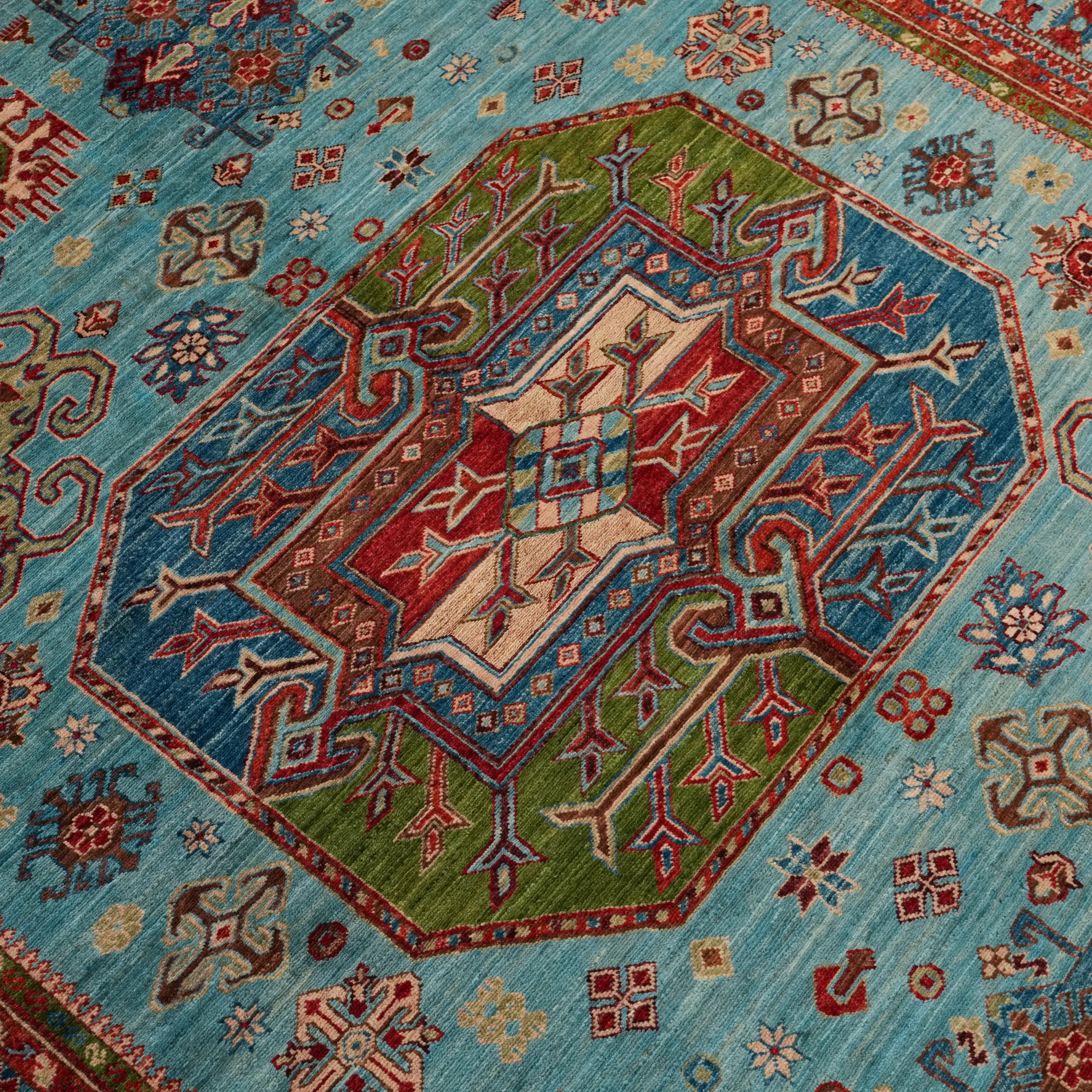Handwoven Anatolian Patterned Turquoise Wool Rug