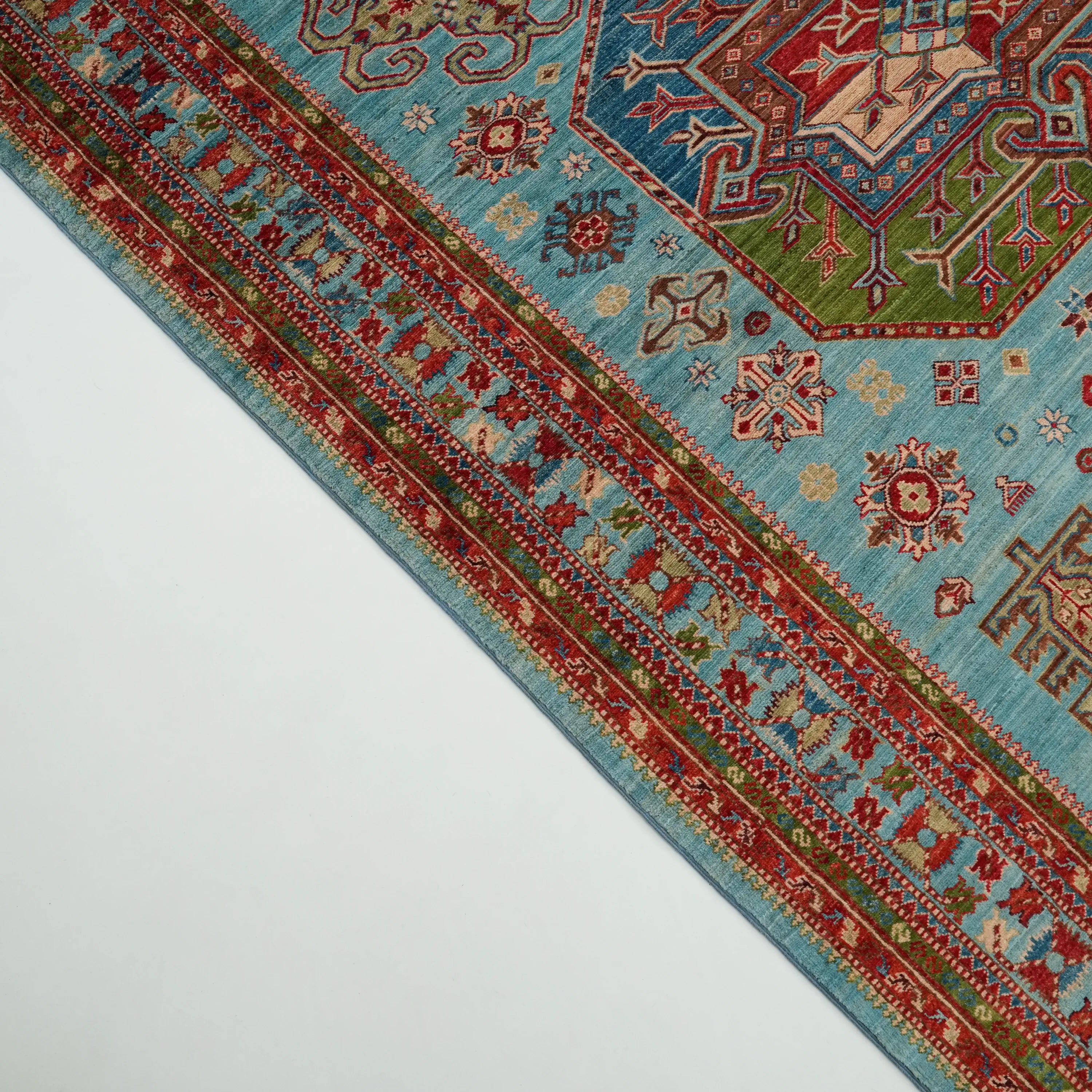 Handwoven Anatolian Patterned Turquoise Wool Rug