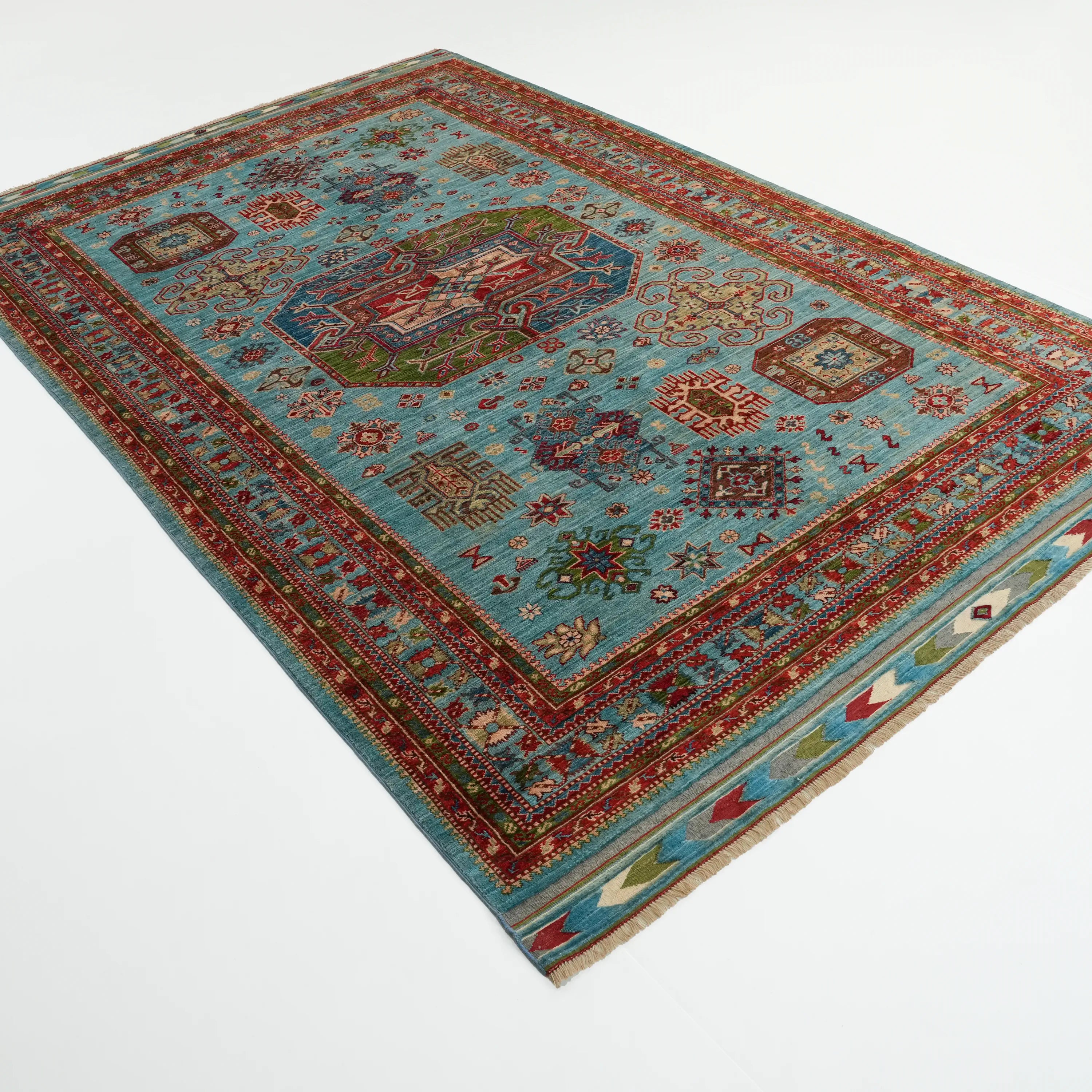 Handwoven Anatolian Patterned Turquoise Wool Rug