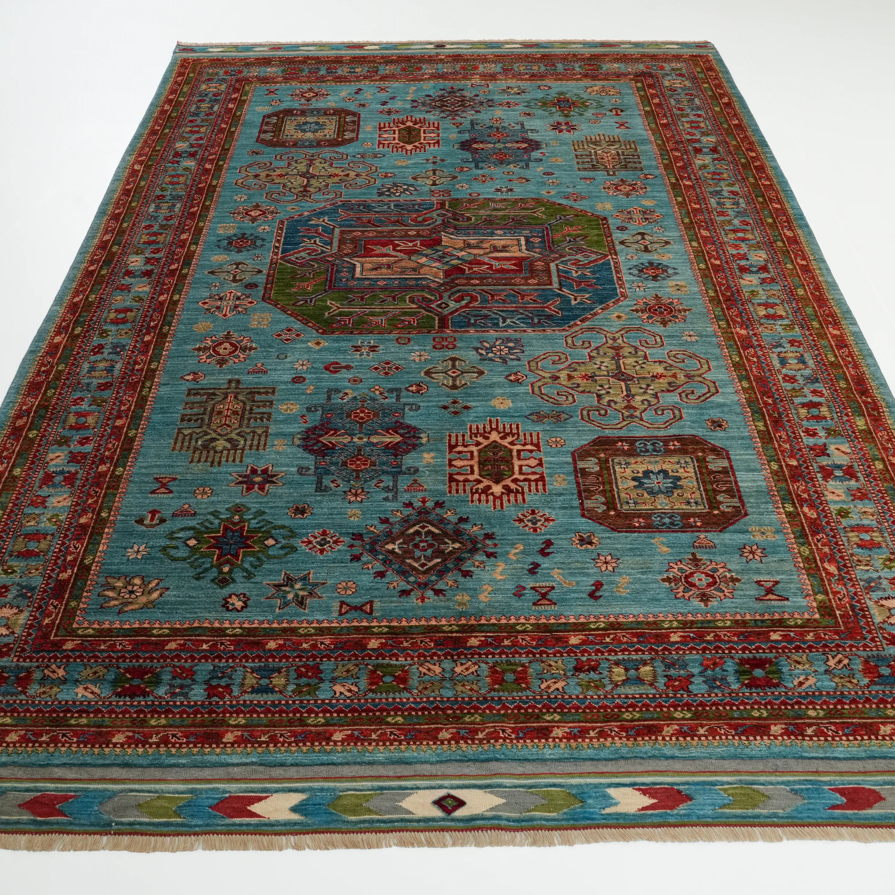 Handwoven Anatolian Patterned Turquoise Wool Rug