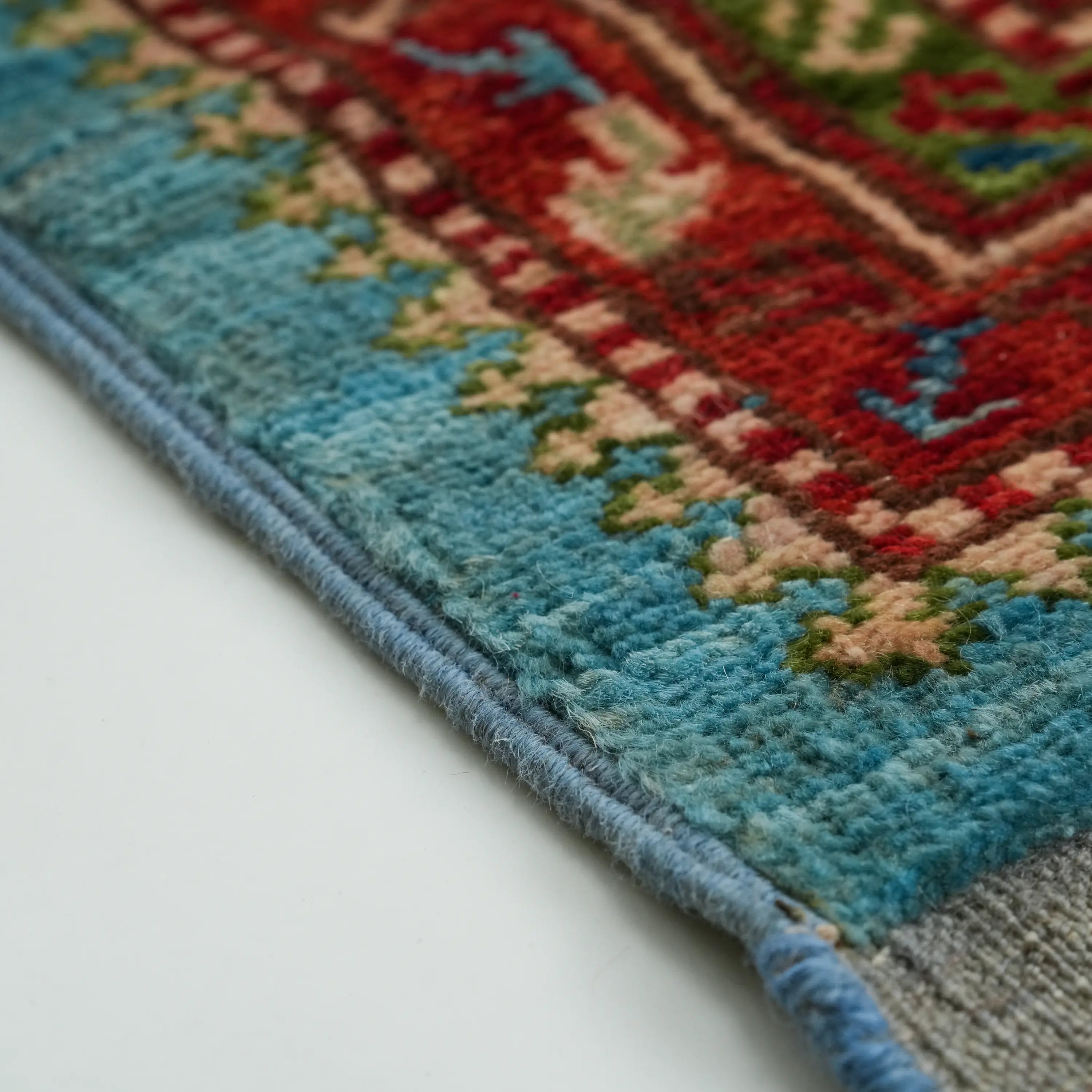 Handwoven Anatolian Patterned Turquoise Wool Rug