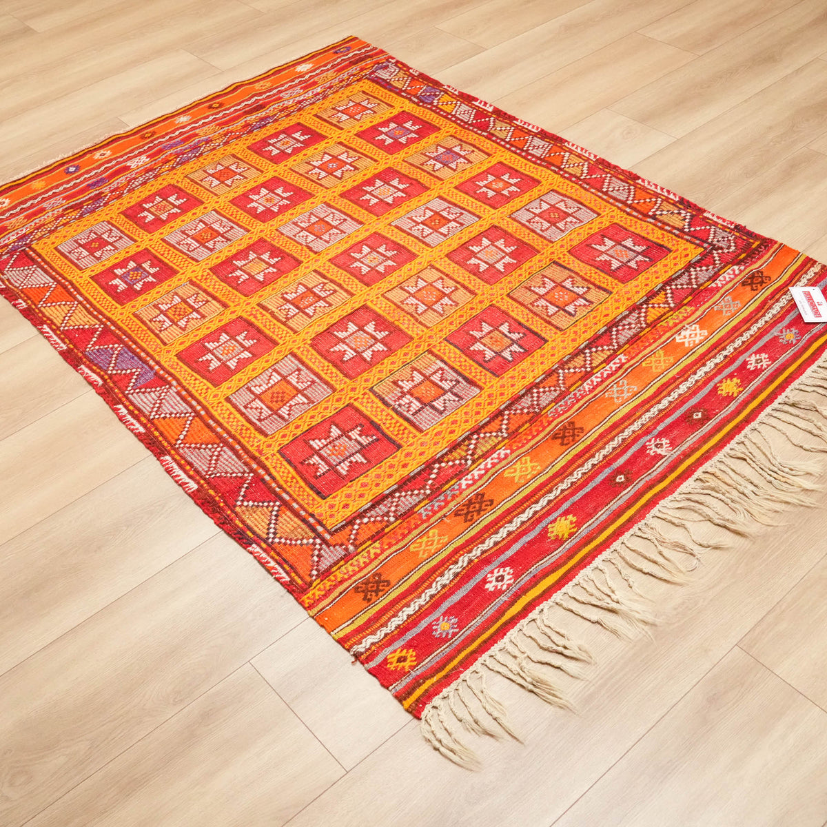 El Dokuma Anadolu Desenli Turuncu Kök Boya Fethiye Yıldızlı Cicim Kilim, 127x176 cm — Halıcızade